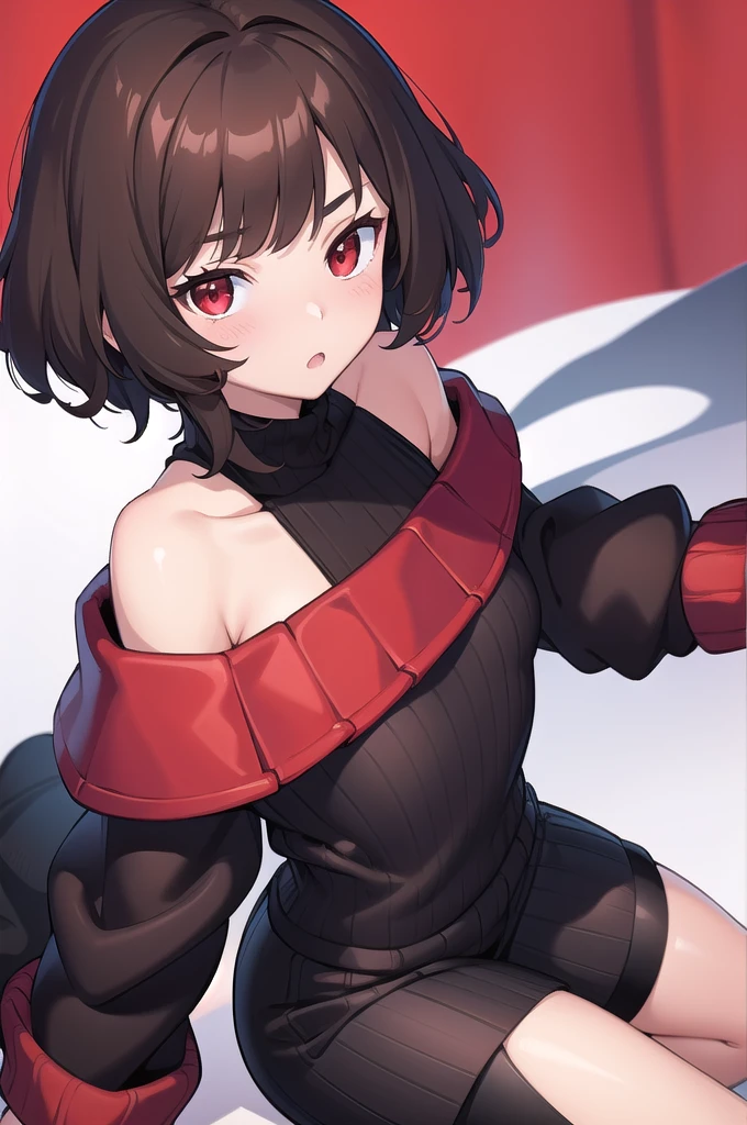 (masterpiece, best quality), charaSF, 1girl, solo, short hair, brown hair, red eyes, collar, black jacket, off shoulder, fur trim, red sweater, ribbed sweater, turtleneck, shoulder cutout, long sleeves, black shorts, blush, portrait