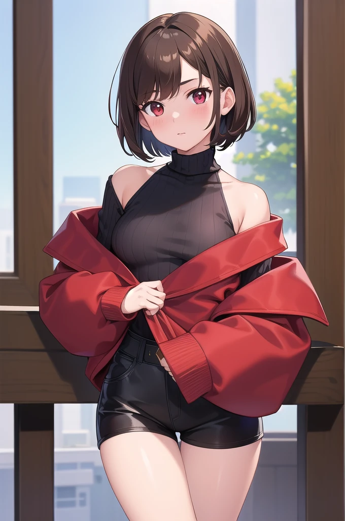 (masterpiece, best quality), charaSF, 1girl, solo, short hair, brown hair, red eyes, collar, black jacket, off shoulder, fur trim, red sweater, ribbed sweater, turtleneck, shoulder cutout, long sleeves, black shorts, blush, portrait