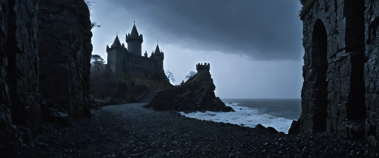 From the distance, The road winds through a desolate and dark landscape, dominated by the influence of the demons that control the continent. The path is lined with twisted trees and eroded rocks that seem to whisper stories of ancient times and hidden dangers..
As you get closer, The imposing castle stands majestically on a cliff that plunges into the raging sea. The waves break against the rocks with fury, as if they were trying to challenge the presence of the castle and its formidable owner, the demon queen. The castle itself is a dark, gothic fortress, with tall towers rising into the stormy sky.
The castle walls are decorated with infernal motifs and symbols of demonic power, but without a gargoyle in sight. The architecture is austere and functional, reflecting the implacable authority of its owner. The only entrance to the castle is a solid iron gate, adorned with intricate designs of demonic runes that appear to glow darkly in the moonlight.
The atmosphere around the castle is infused with an aura of power and danger., where the whisper of the wind seems to carry echoes of demonic intrigue and dark desires.