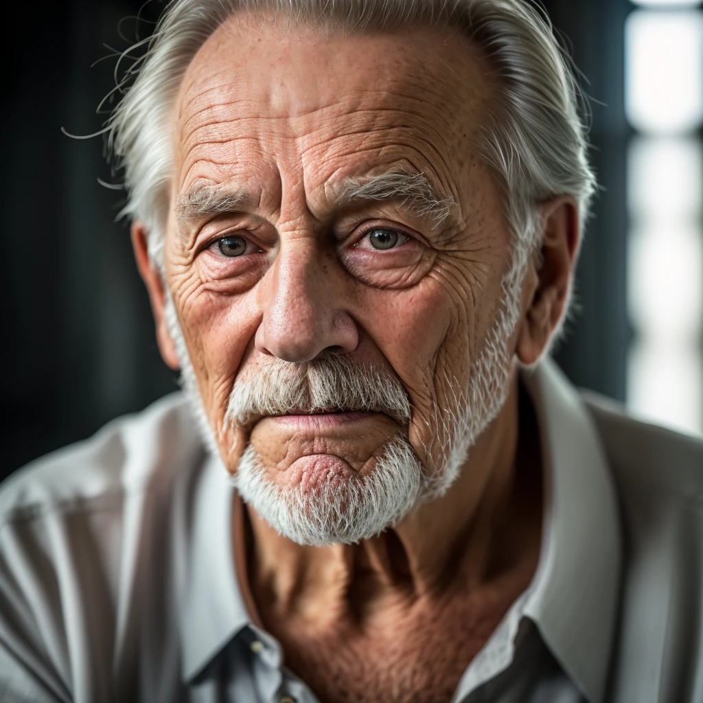full length portrait of an 80 year old man, wrinkled, worn out, with piercing eyes, face detailed, High details, fot, dark studio, rim-light, Nikon D850, 50mm, f/1.4