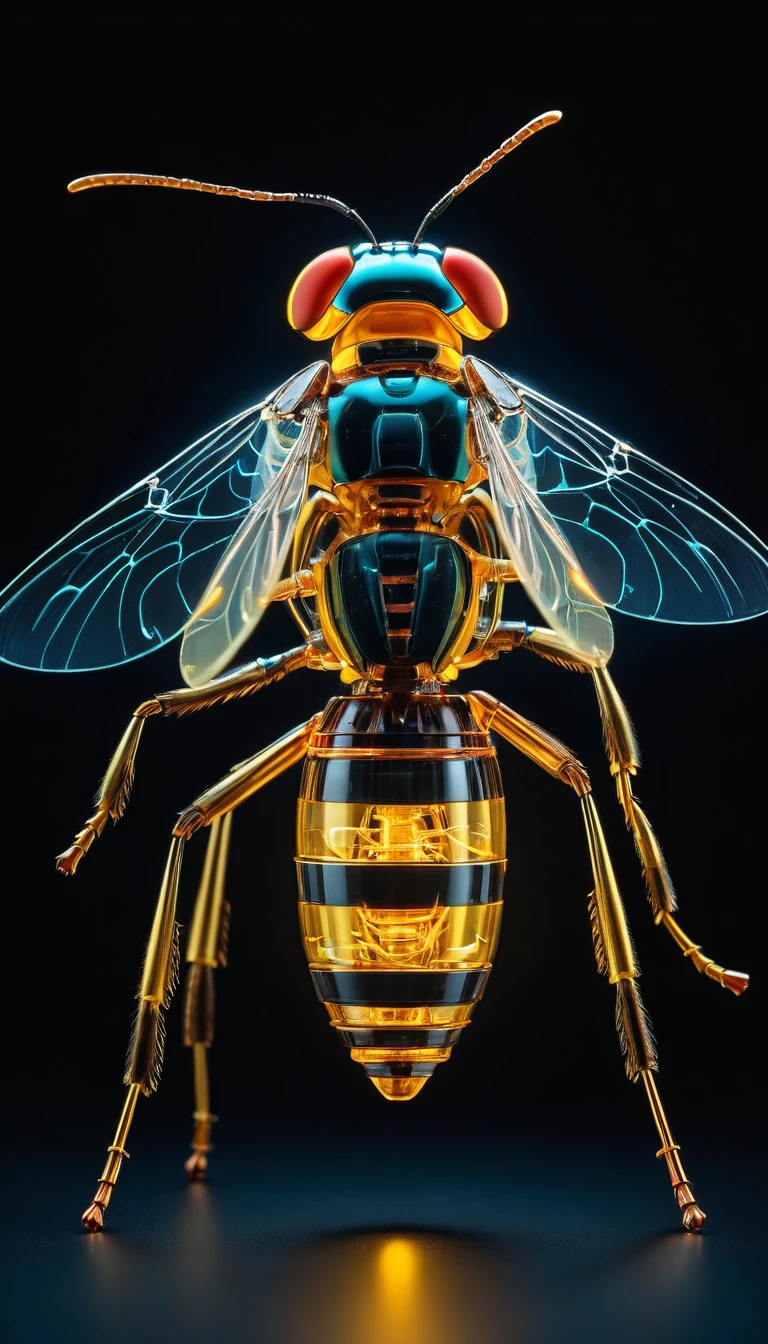 whole body, Against an all-black background, The fusion of biology and machines, Transparent Mechanical Hornet, Complex and precise internal structure, Glowing neon lamp, (Light-emitting electronic components)