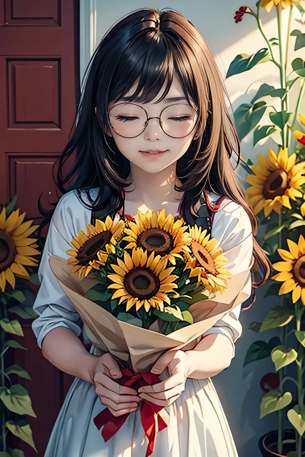 beautiful girl with glasses, long dark hair, bouquet of sunflowers and red roses, bright colors, smiling, 8K quality, cinematic focus, eyes closed