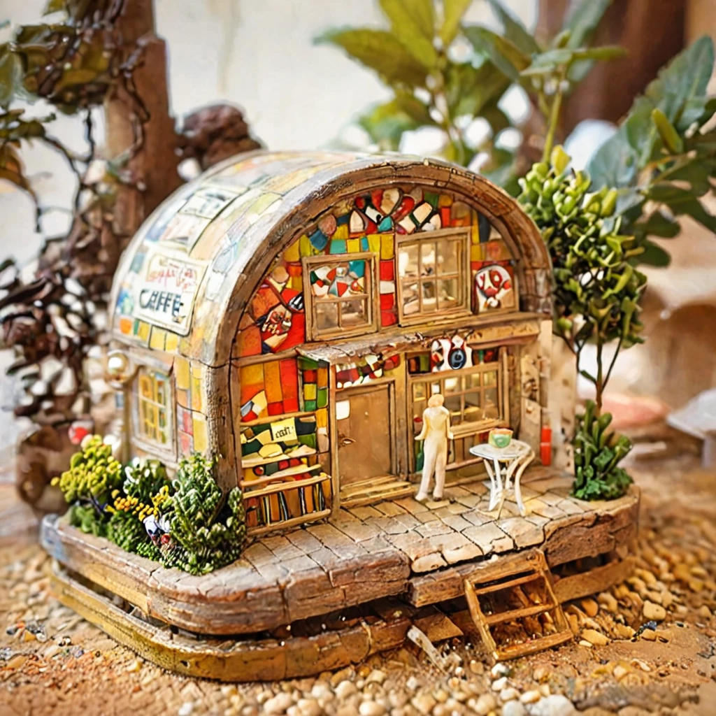 tilt-shift photography,(masterpiece, top quality, best quality),(ultra-detailed, absolutely resolution),((16k, high res)). (miniature in glass bottle), (retro café and house plants, interior))
