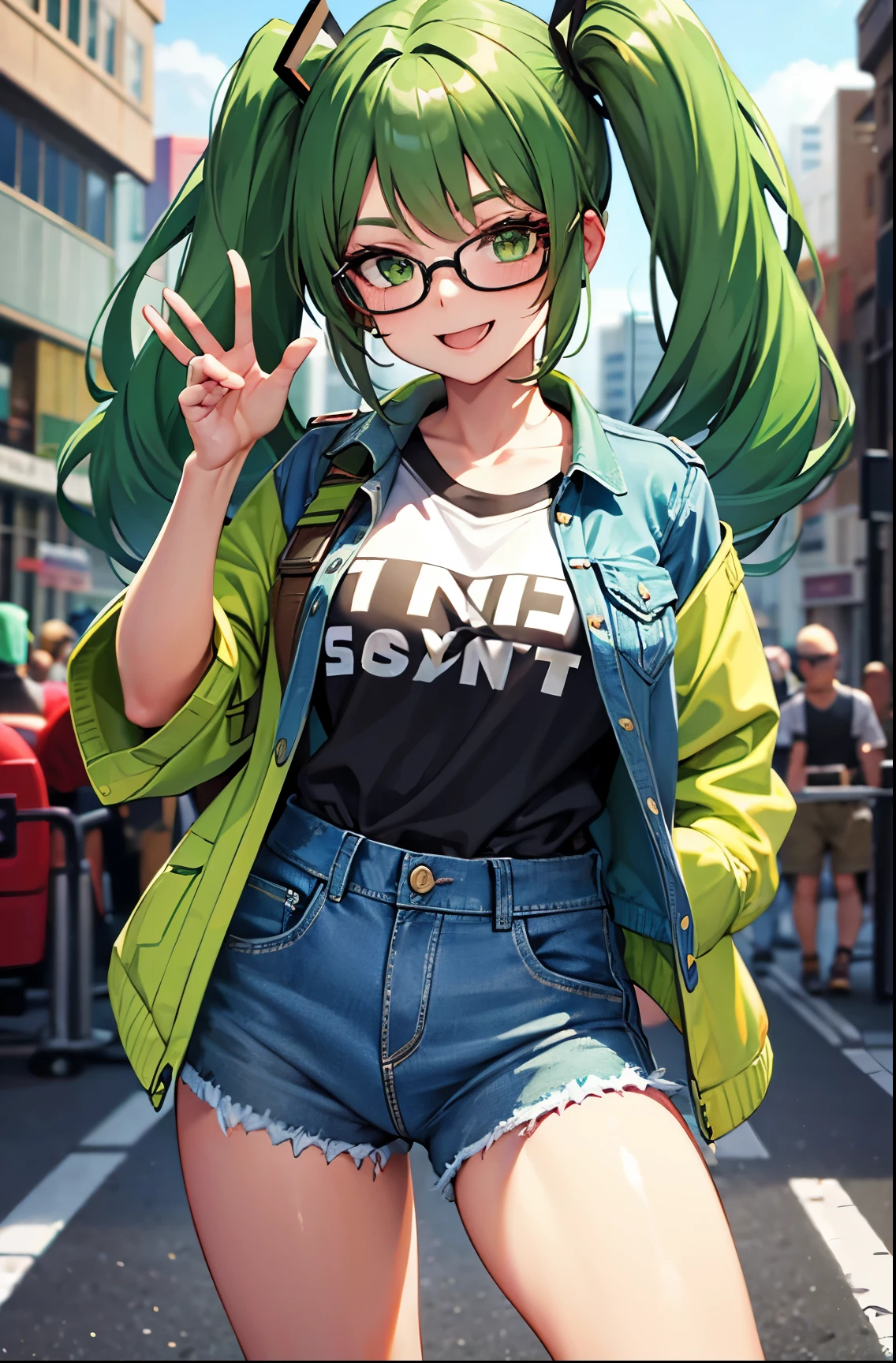 Girl, twintail hair, green hair, green eyes, glasses, cute girl, smile, denim jacket, short denim, city