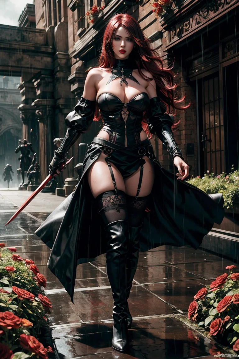 Full body Beauty sexy sensual young europien girl in Nier Automata style long dark red hair, black eyes, red lips, large breast in ornad e complex armor with rain & red & blck flowers, holding two ornad, complex & elegant swords