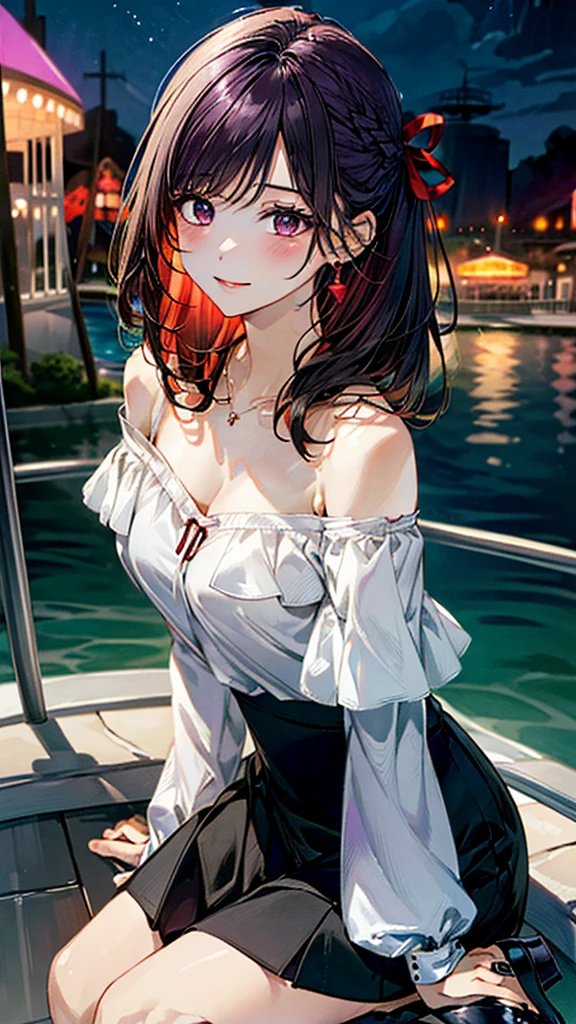 (masterpiece:1.3, Highest quality, Ultra-high resolution：1.2, Super detailed、8K), (Realistic, photoRealistic:1.4), Beautiful illustrations, Perfect lighting, colorful, Depth of written boundary, Beautiful detailed hair, Beautifully detailed face, Beautiful fine details, Droopy eyes、Beautiful clavicle, Beautiful body, 美しいLarge Breasts, Beautiful thighs, Beautiful feet, Beautiful fingers, View Viewer、Front view:0.6, Beauty1人, Japanese, Beauty、30 years old, Perfect Face, (Perfect Anatomy, Anatomically correct), Cute and symmetrical face, Baby Face, , Shiny skin,(White off-the-shoulder blouse:1.4), (Long skirt:1.3) 、(Black pumps:1.3)、(deep purple hair, Red ribbon hair ornament:0.5、Medium Straight Hair:1.4), braided bangs、Dark brown eyes, (Large Breasts, Slim body), necklace, Small earrings:1.1, (Beautiful views), (night),( amusement park、Inside the Ferris wheel)、Sitting、 A soft smile、(Smile, Lips parted),