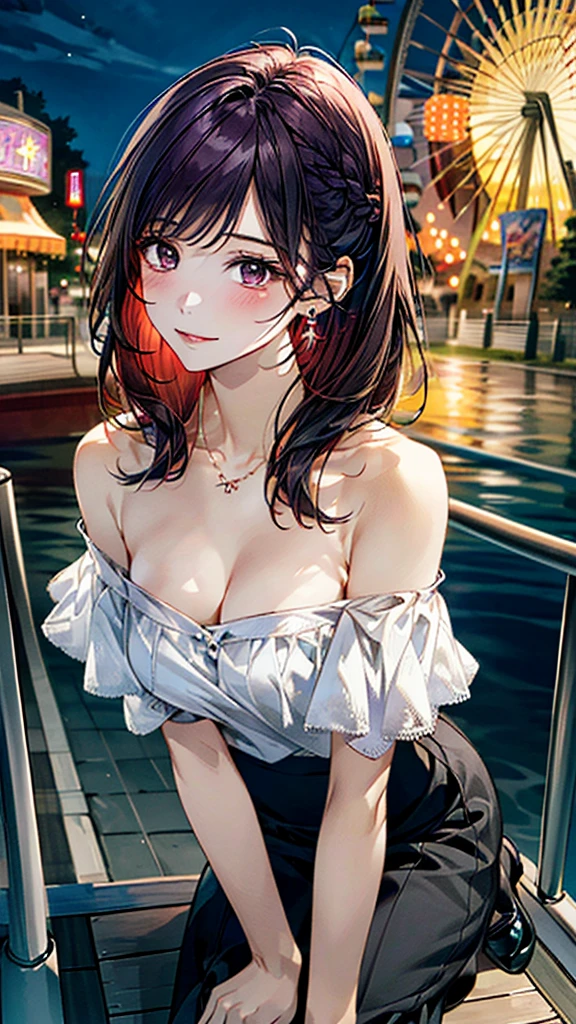 (masterpiece:1.3, Highest quality, Ultra-high resolution：1.2, Super detailed、8K), (Realistic, photoRealistic:1.4), Beautiful illustrations, Perfect lighting, colorful, Depth of written boundary, Beautiful detailed hair, Beautifully detailed face, Beautiful fine details, Droopy eyes、Beautiful clavicle, Beautiful body, 美しいLarge Breasts, Beautiful thighs, Beautiful feet, Beautiful fingers, View Viewer、Front view:0.6, Beauty1人, Japanese, Beauty、30 years old, Perfect Face, (Perfect Anatomy, Anatomically correct), Cute and symmetrical face, Baby Face, , Shiny skin,(White off-the-shoulder blouse:1.4), (Long skirt:1.3) 、(Black pumps:1.3)、(deep purple hair, Red ribbon hair ornament:0.5、Medium Straight Hair:1.4), braided bangs、Dark brown eyes, (Large Breasts, Slim body), necklace, Small earrings:1.1, (Beautiful views), (night),( amusement park、Inside the Ferris wheel)、Sitting、 A soft smile、(Smile, Lips parted),