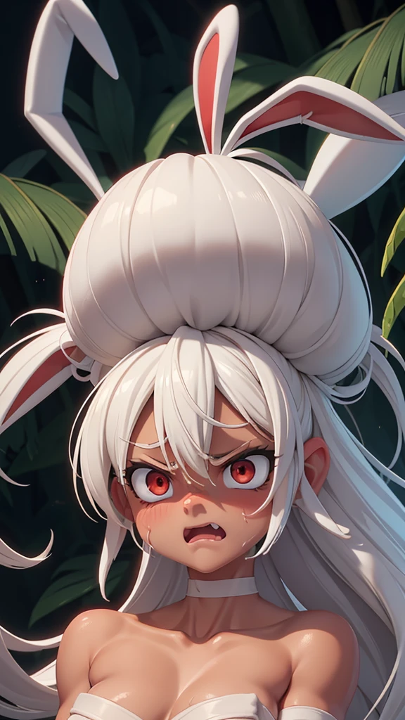 Naked, without clothes, bandage, shackled, pumped body, white hair, bunny ears, red eyes, angry face, wet skin, tanned skin, forest, sun, woman, solo, Bottom view