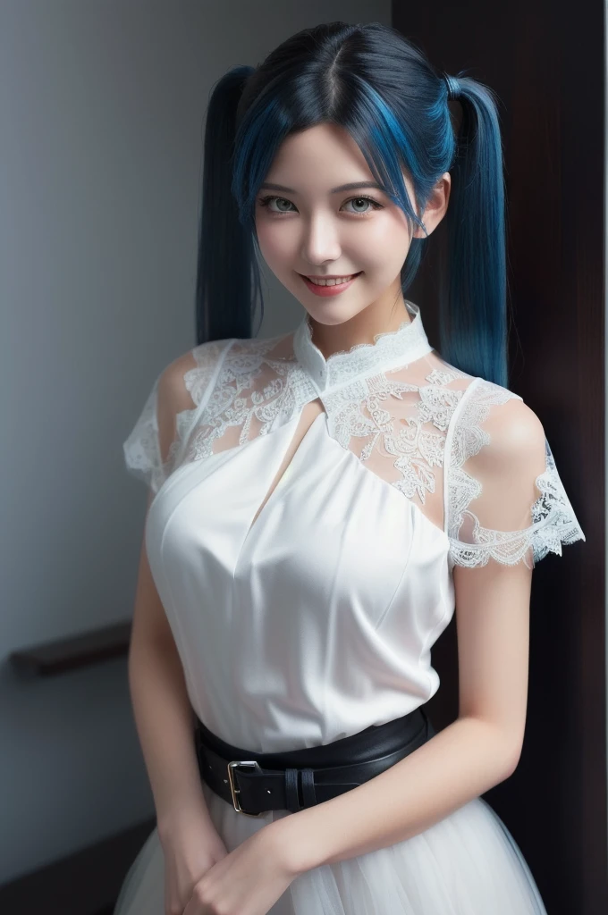 masterpiece, 8k, arafed image of a woman in a white dress with blue hair, lace embellished blouse, RAW photo, (twin tails:1.2), smile, photo quality, extremely detailed artgerm, beautiful alluring woman, style artgerm, artgerm on artstation pixiv, artgerm lau, like artgerm, range murata and artgerm, artgerm style, girl cosplay
