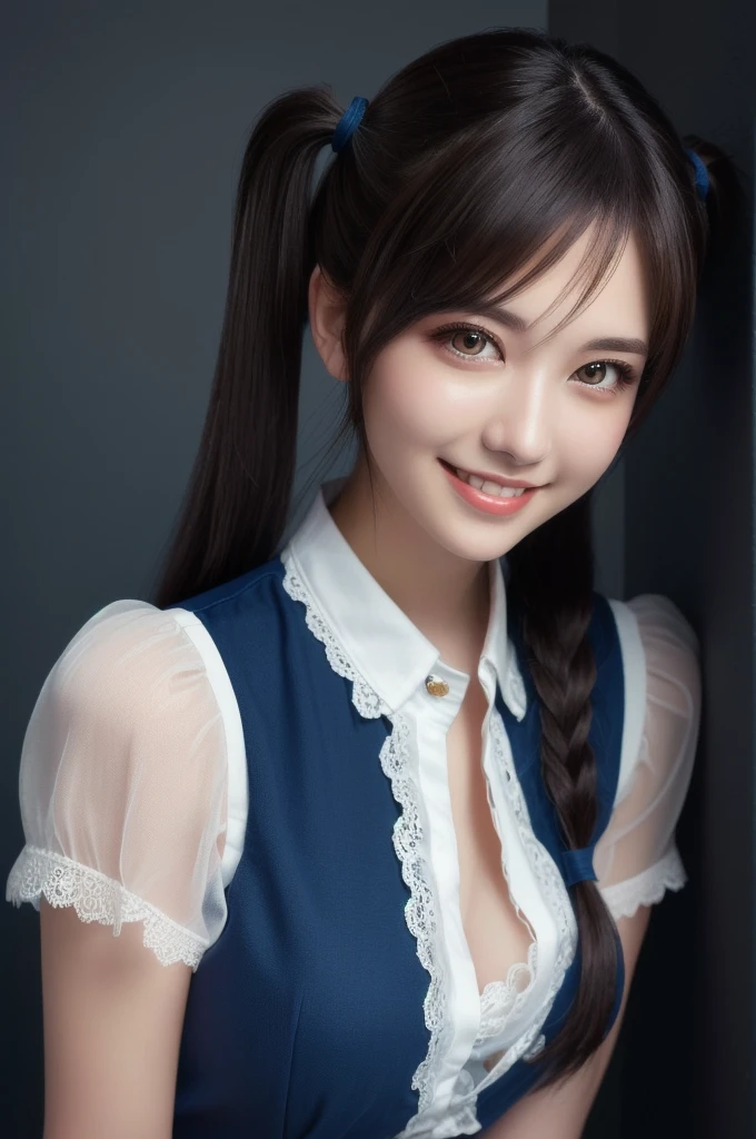 masterpiece, 8k, arafed image of a woman in a white dress with blue hair, lace embellished blouse, RAW photo, (twin tails:1.2), smile, photo quality, extremely detailed artgerm, beautiful alluring woman, style artgerm, artgerm on artstation pixiv, artgerm lau, like artgerm, range murata and artgerm, artgerm style, girl cosplay