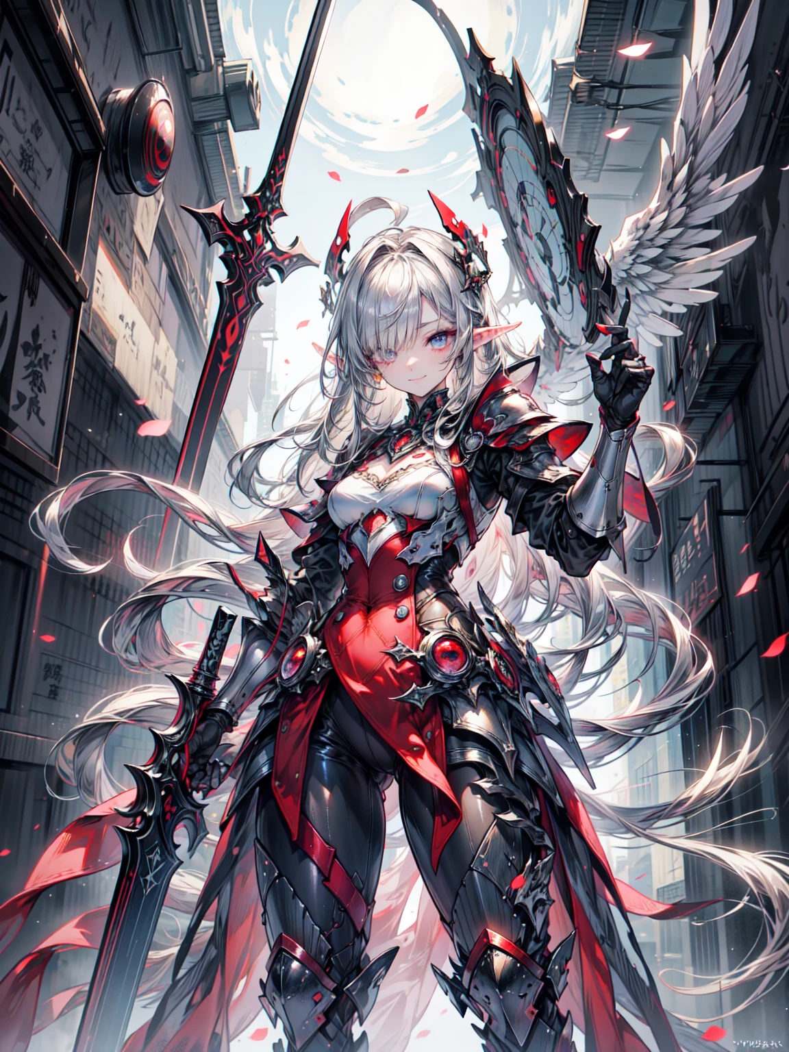 ((4K,masterpiece,Highest quality)), Maxi Kit, 1 Girl dressed modestly, alone, whole body, Wide Shot, Standing in white boots, Holding the Sword, Gray Hair, Long Hair, Elf Ears, Valkyrie, armor, Angel, Chest protector, Side bangs, from before, Oversized body, night, Mountain, Looking at the audience, Dynamic pose, Art Style：art jam, by Kawashi, By Vadim Kashin、Blake、非常にdetailed (Dark Elf), (1 Girl), alone, Perfect Face, detailed, Ahoge, ((Long Hair:1.2)), (Hair above one eye:1.3), [[Messy Hair]], Shiny blonde white hair, Purple eyes, Variegated eyes, Colorful Hair, Shining Eyes, Bright Eyes, Face imprint, (eyelash, eye shadow, pink eye shadow), smile, Design Art：Haruhiko Mikimoto, by Kawashi, By Yoshitaka Amano, Blake、((Perfect Anatomy)), Nice body, Medium Chest, (非常にdetailed指), Best Hand, Perfect Face, Beautiful Face, Beautiful Eyes, Perfect Eyes, (Perfect Fingers), Correct Anatomy