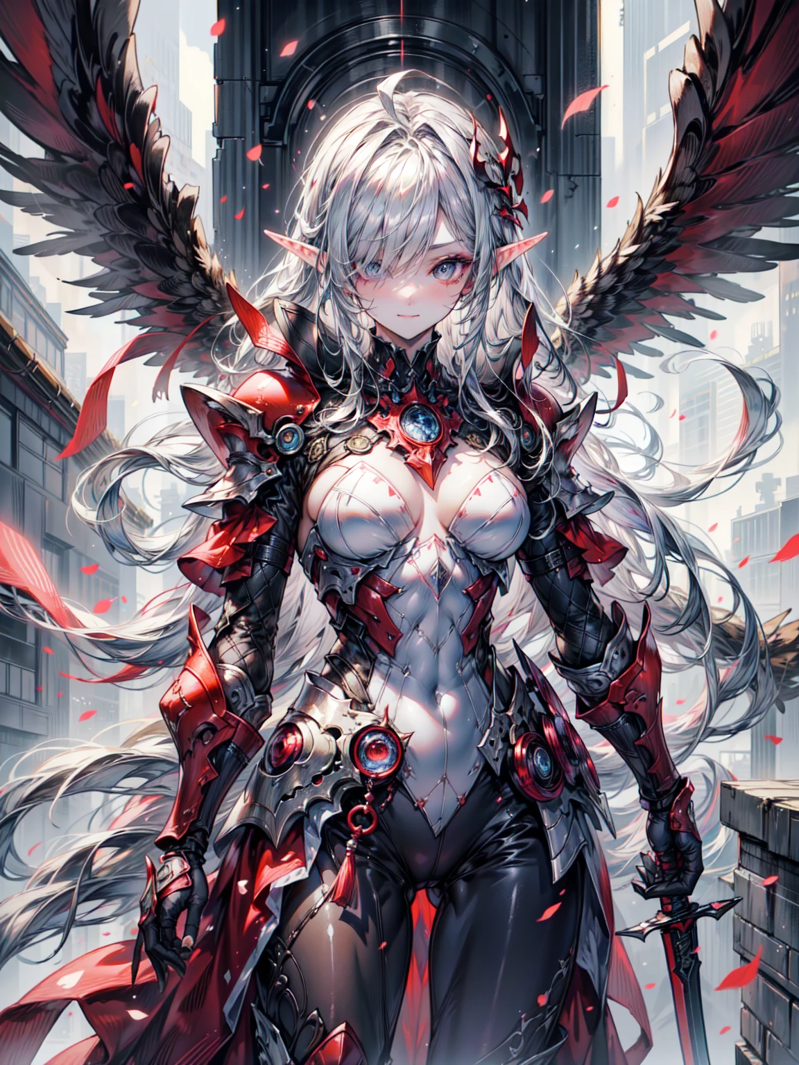 ((4K,masterpiece,Highest quality)), Maxi Kit, 1 Girl dressed modestly, alone, whole body, Wide Shot, Standing in white boots, Holding the Sword, Gray Hair, Long Hair, Elf Ears, Valkyrie, armor, Angel, Chest protector, Side bangs, from before, Oversized body, night, Mountain, Looking at the audience, Dynamic pose, Art Style：art gelm, by Kawashi, By Vadim Kashin、Blake、非常にdetailed (Dark Elf), (1 Girl), alone, Perfect Face, detailed, Ahoge, ((Long Hair:1.2)), (Hair above one eye:1.3), [[Messy Hair]], Shiny blonde white hair, Purple eyes, Variegated eyes, Colorful Hair, Shining Eyes, Bright Eyes, Face imprint, (eyelash, eye shadow, pink eye shadow), smile, Design Art：Haruhiko Mikimoto, by Kawashi, By Yoshitaka Amano, break、 ((Perfect Anatomy)), Nice body, Medium Chest, (非常にdetailed指), Best Hand, Perfect Face, Beautiful Face, Beautiful Eyes, Perfect Eyes, (Perfect Fingers), Correct Anatomy, 