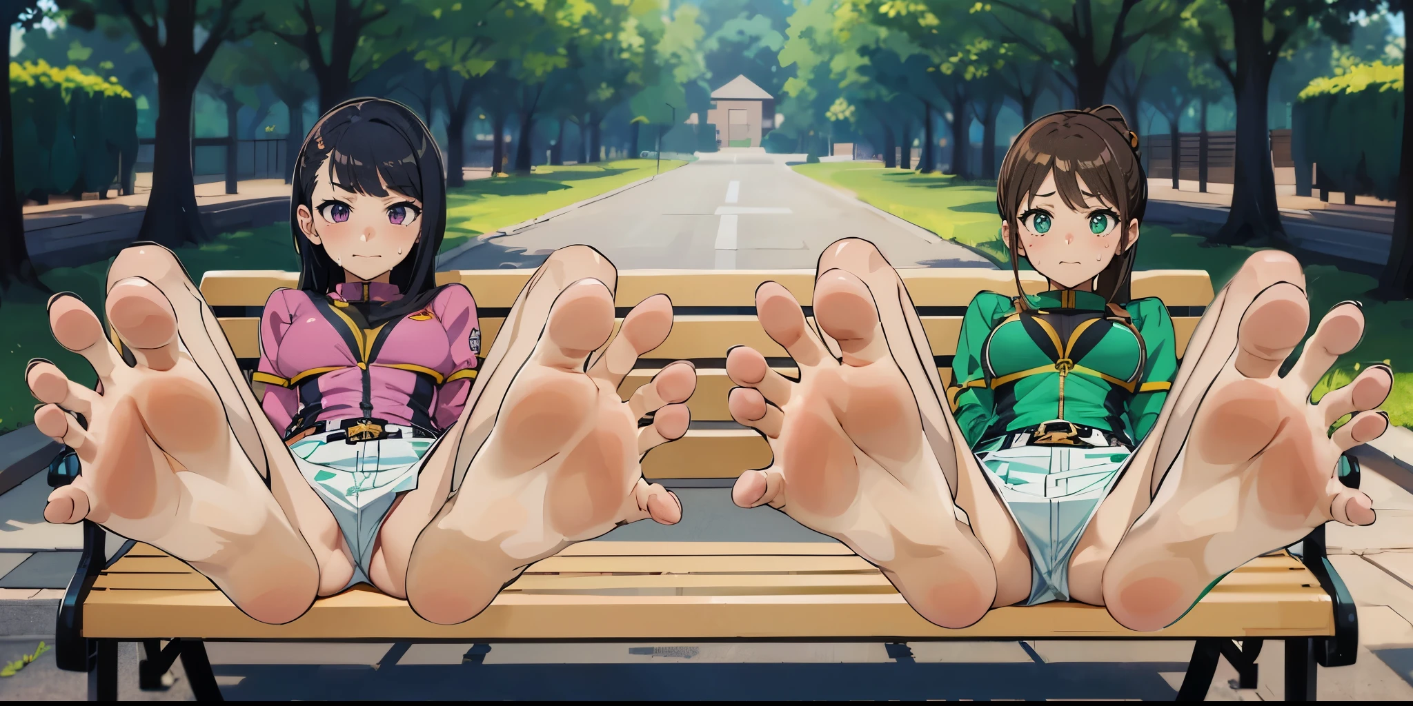 Anime girl sitting on a chair with Big Feet and pink shirt, Huge Art, Foot Art subjective, Detailed feet POV, Big Feet, Foot pose, Tifa, Foot Art, !!Very detailed!!, Her slender legs will overwhelm you., Naughty anime style, High Sole, High Resolution Rates、barefoot、only, Sweaty Feet, mashin sentai kiramager, Kiramei Pink, Kiramei Green, onlyの拡大図，onlyを露出させる, 2 girls, Embarrassed look