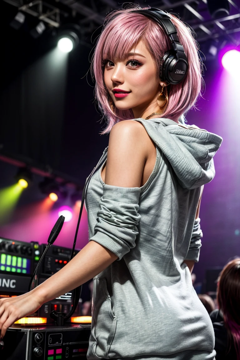 highest quality, Tabletop, 超A high resolution, (Realistic:1.4), (Japanese Idols),RAW Photos, One Girl, night,Detailed skin,nightclub,disco,(bionde:1.2), (Pink inner hair:1.3),Glossy lips,smile,21 years old,Beautiful and beautiful eyes,eye shadow,Diamond jewellery,Earrings,Gold Jewelry,(hoodies:1.3),,(Strengthening shoulders:1.2),A well-trained body,(Pixie Cut),Round face,(playing music as a dj:1.5),  (dj:1.2) playing at a vibrant (music festival:1.2) with (energetic crowd:1.1) and (colorful stage lights:1.1), (From directly behind:1.5 ),Back view,A slightly distant composition