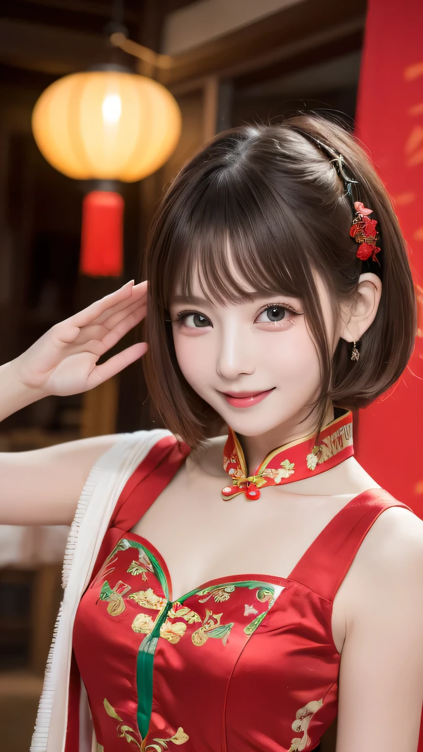 closeup shot , Best picture quality (8K, high resolution, Masterpiece: 1.2), super detailed, 215 Short Hair, 16-year-old woman,
situation: At a Chinese New Year party、A scene where the celebration is live-streamed to viewers。
clothing: Traditional Chinese Dress(Red and gold glamorous design)。
angle: Start with a wide angle that lets you see the whole party venue。Close-up shots of traditional decorations and celebratory moments。Showing people enjoying dance and music、Create a festive atmosphere for your audience。
Close-up of face
, random cute pose ,big eyes ,Puffy eyes , Heart Pupil, blush , huge shy smile , salute