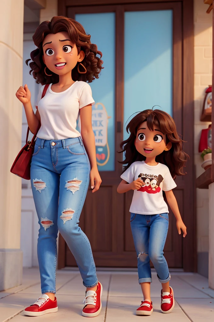 disney pixar style, 3d realistic photo, 40 year old woman, light brown skin, curly dark brown shoulder length hair, black eyes, happy facial expression, with white shirt written in red "Rizan Store", jeans and red shoes