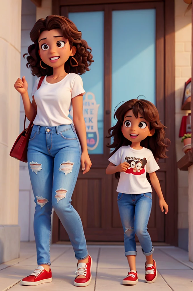 disney pixar style, 3d realistic photo, 40 year old woman, light brown skin, curly dark brown shoulder length hair, black eyes, happy facial expression, with white shirt written in red "Rizan Store", jeans and red shoes