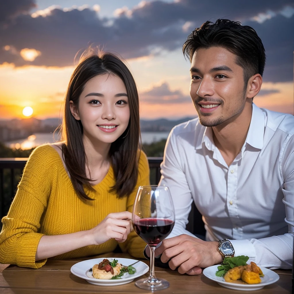 ((Highest quality、、masterpiece:1.3))、 (Genuineistic, Genuine、Bright image、Intricate details:1.2), 最高のsmile、1 male、1 female、Beautiful couple、love love love、fiancee、Good friends、actress couple、smile、Full-course dinner at a packed table、 (Slim face), (the body is slim), (Brown Hair), (short hair), テーブルのwine glass、Please shine a light on my face、 Amazing view of the sunset sky and clouds、29-year-old,age 34、 red wine 、Appetizers、Wine bottle、sparkling wine、Long sleeve shirt、dress、White wine, red wine, wine glass, 