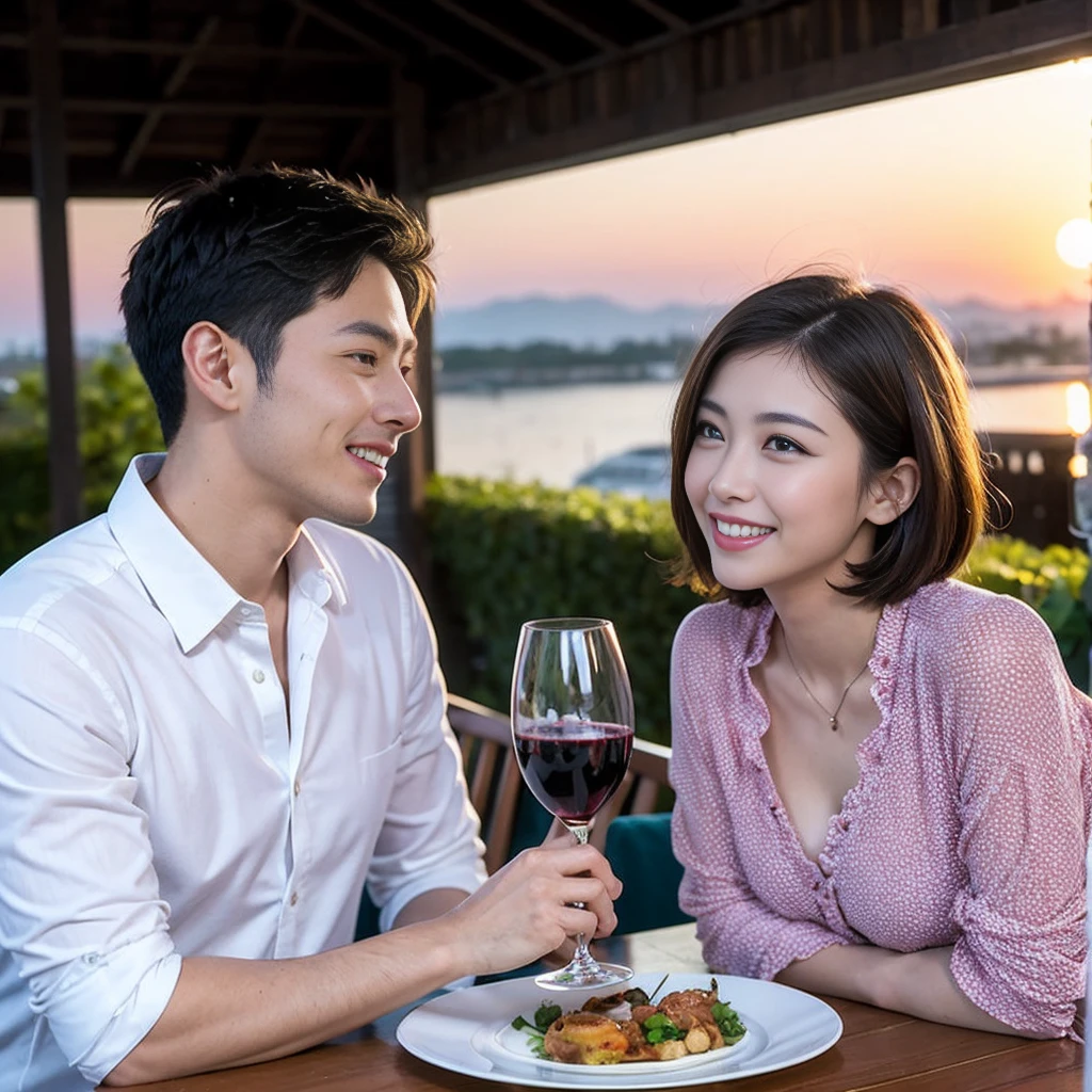 ((Highest quality、、masterpiece:1.3))、 (Genuineistic, Genuine、Bright image、Intricate details:1.2), 最高のsmile、1 male、1 female、Beautiful couple、love love love、fiancee、Good friends、actress couple、smile、Full-course dinner at a packed table、 (Slim face), (the body is slim), (Brown Hair), (short hair), テーブルのwine glass、Please shine a light on my face、 Amazing view of the sunset sky and clouds、29-year-old,age 34、 red wine 、Appetizers、Wine bottle、sparkling wine、Long sleeve shirt、dress、White wine, red wine, wine glass,