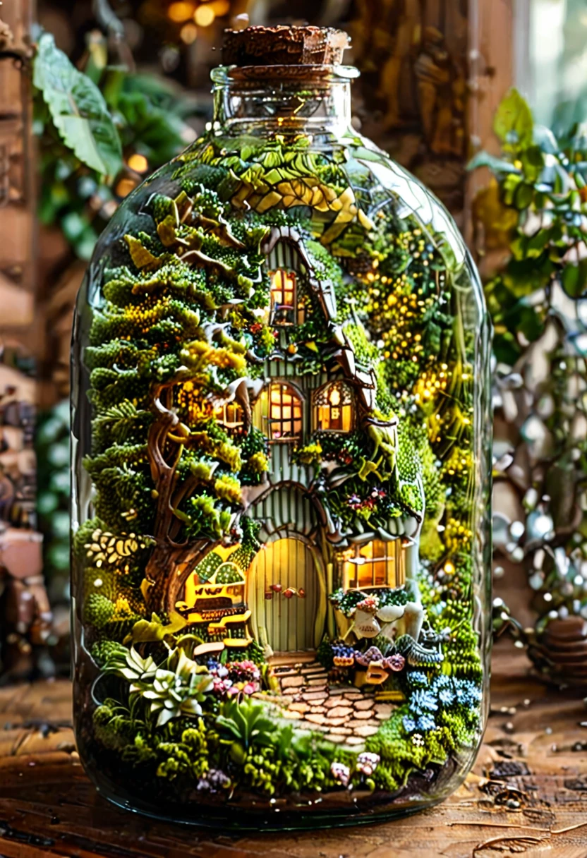 tilt-shift photography,(masterpiece, top quality, best quality),(ultra-detailed, absolutely resolution),((16k, high res)). (miniature in glass bottle), (retro café and house plants, interior))