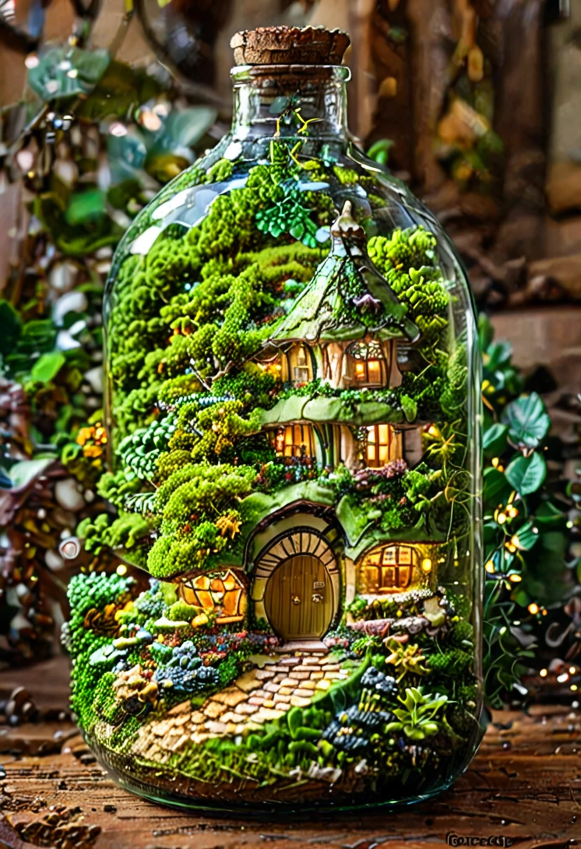 tilt-shift photography,(masterpiece, top quality, best quality),(ultra-detailed, absolutely resolution),((16k, high res)). (miniature in glass bottle), (retro café and house plants, interior))