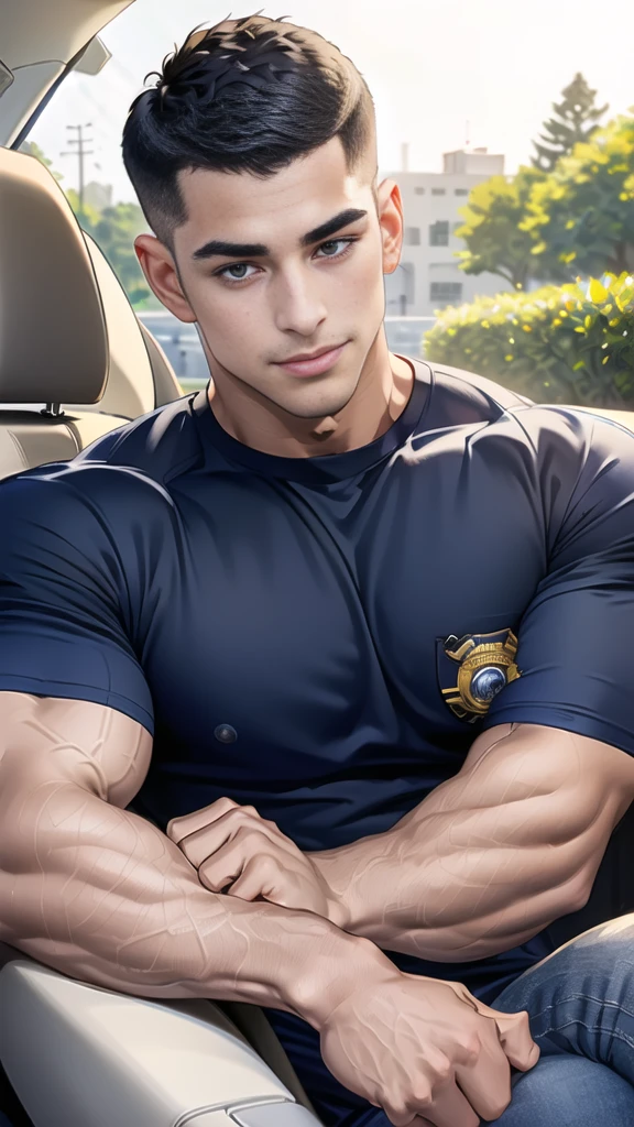(Create a masterpiece: 1.2),(CGI art:1.3),(realistic:1.5),(After processing:1.3),(Sharp focus:1.3), 1 man holds the steering wheel of a car ,(crew cut short hair:1.8),black eye, smile, (Wear color navy round neck T-shirt with a Police badge: 1.3), Navy blue jeans, Korean guy , korean men, (High gloss details), chest muscles, large arm muscles, blood vessel, Big muscles, Broad shoulders, looking at the audience, Balancing the eyes, middle of the road, (drive a car: 1.5), (in the car: 1.3), , middle of the road, (open mouth:1.2)