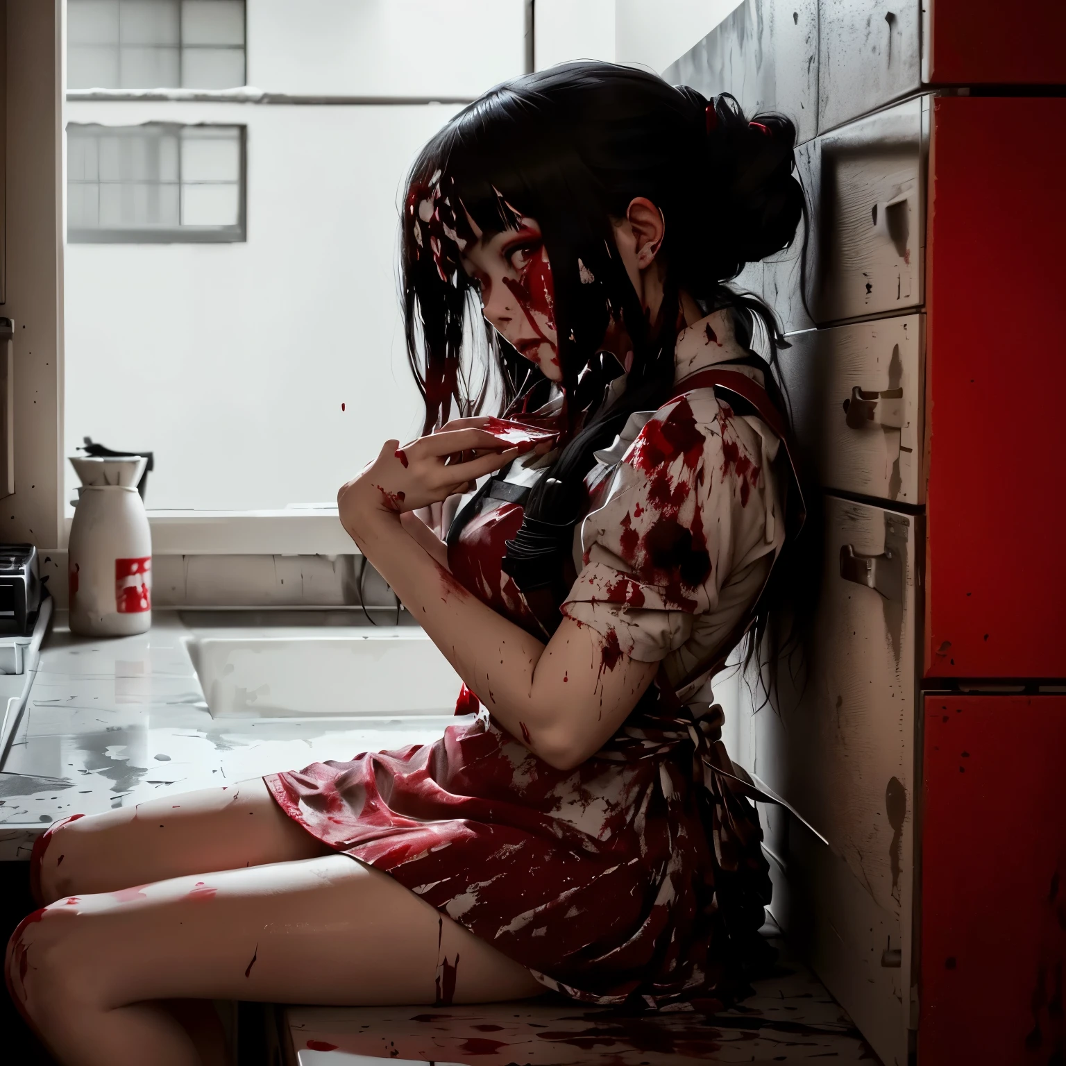 araffe girl sitting on a counter in a kitchen with blood all over her face, in an apron covered in blood, blood on clothes and face, pale woman covered with blood, bloody, blood on body, horror photography, covered in blood, bloody scene, blood dripping down the head, blood puddles on the floor, japanese horror, splattered with blood