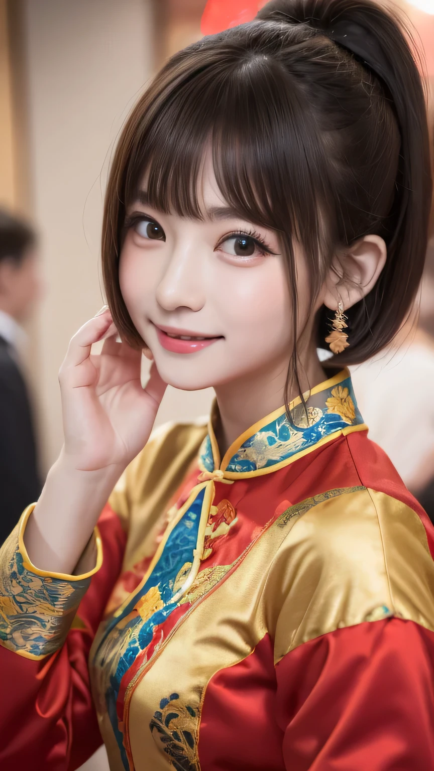 closeup shot , Best picture quality (8K, high resolution, Masterpiece: 1.2), super detailed, 215 Short Hair, -yeld wo,
situation: At a Chinese New Year party、A scene where the celebration is live-streamed to viewers。
clothing: Traditional Chinese Dress(Red and gold glamorous design)。
angle: Start with a wide angle that lets you see the whole party venue。Close-up shots of traditional decorations and celebratory moments。Showing people enjoying dance and music、Create a festive atmosphere for your audience。
Close-up of face
, random cute pose ,big eyes ,Puffy eyes , Heart Pupil, blush , huge shy smile , salute