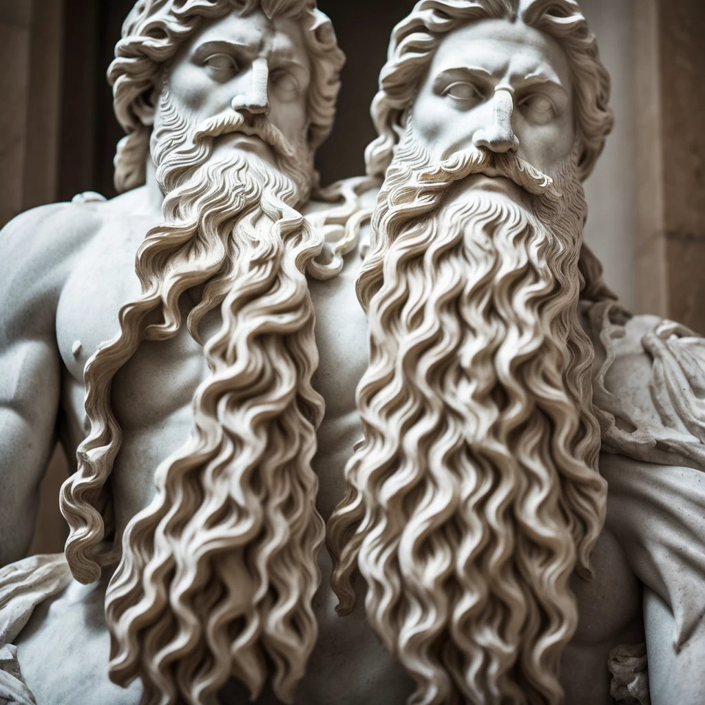 broken into pieces Greek statue of a man with a long beard, made of marble, floating fragments, lots of shine, slow motion