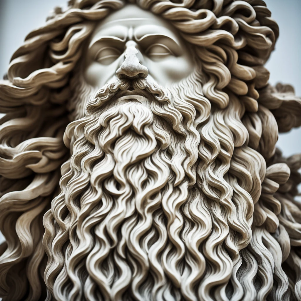 broken into pieces Greek statue of a man with a long beard, made of marble, floating fragments, lots of shine, slow motion