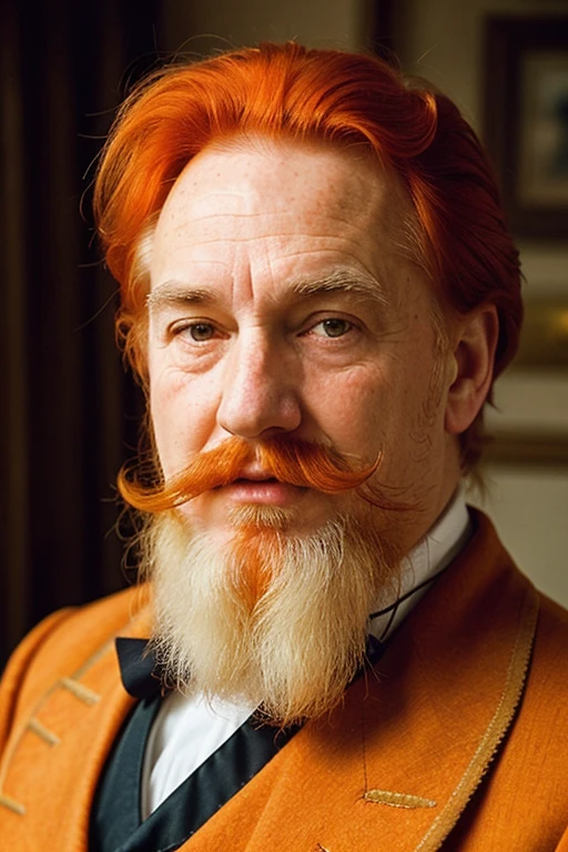 I need a Scottish grandfather who has half white hair, I have red hair, with white skin and freckles on her cheeks, have amber eyes, with bushy orange eyebrows and an orange walrus-style mustache and who has a classic Victorian dress That he has red hair and only a mustache without brava and that he looks elegant 