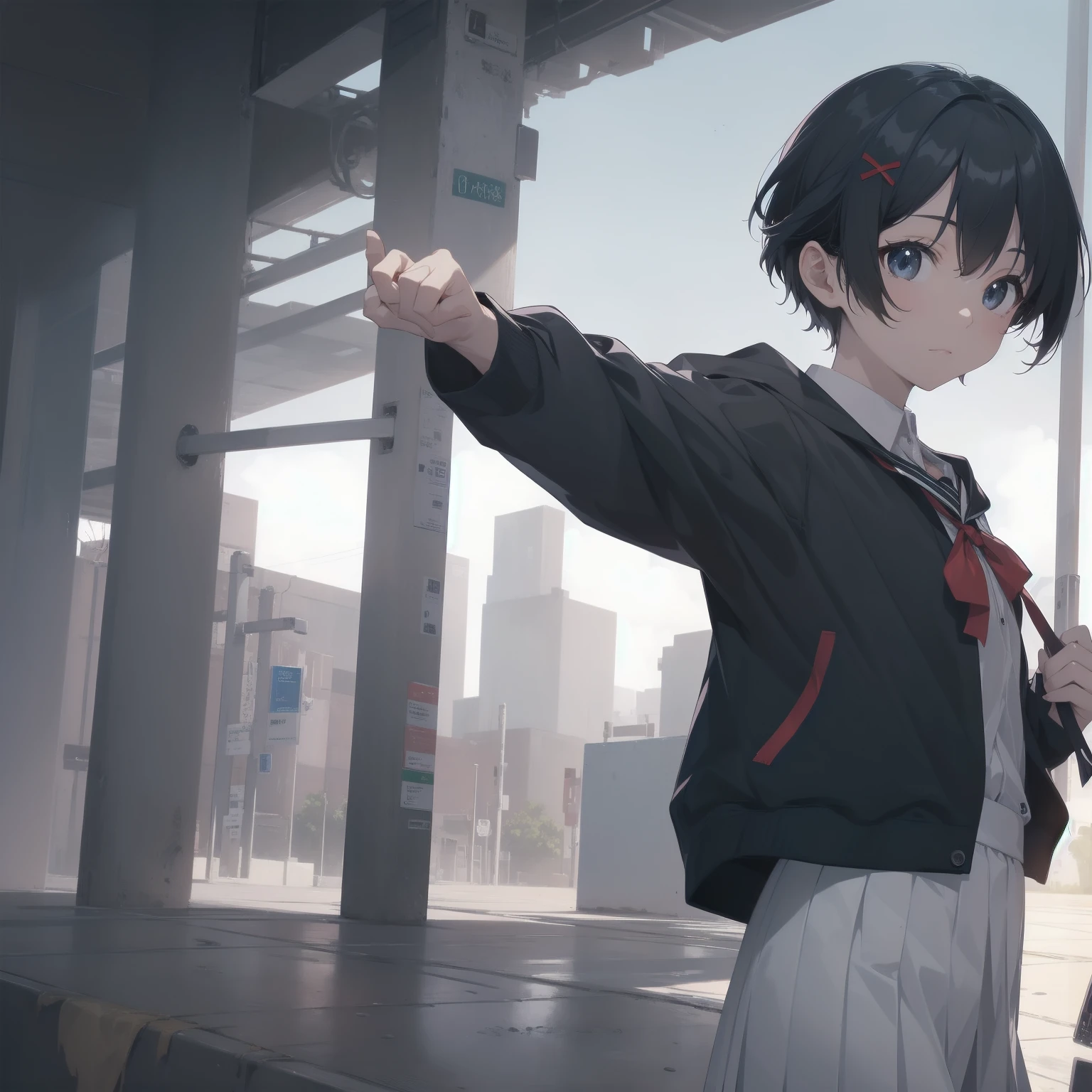 ultra-absurdres-Top quality by artist God, ultra-detailed, high resolution, anime moe artstyle, best anime 8k konachan wallpaper, pixiv contest winner, pool:2810, perfect ???????,break, 1girl, (Please draw a girl walking sleepily to school alone. )break,(Solo,little female, 13-year-old:1.3),Full limbs, complete fingers,a junior high school student, (very short hair), short cut, flat chest, , small butt, small black eyes, beautiful detailed eyes, well-proportioned iris and pupils, expressive eyes, highres detailed hair, soft expression, salor school_uniform, sailor collar, serahuku, bow, pleated skirt,(Detailed Lighting), (Detailed background), in the School commute route. break,super detailed skin, Best cinematic lighting powered by famous artist, 8k,beauty illustration,photoshop_(medium),very aesthetic,break,((artist:wa_(genryusui) )), artist:clamp ,artist:carnelian ,artist:kantoku ,