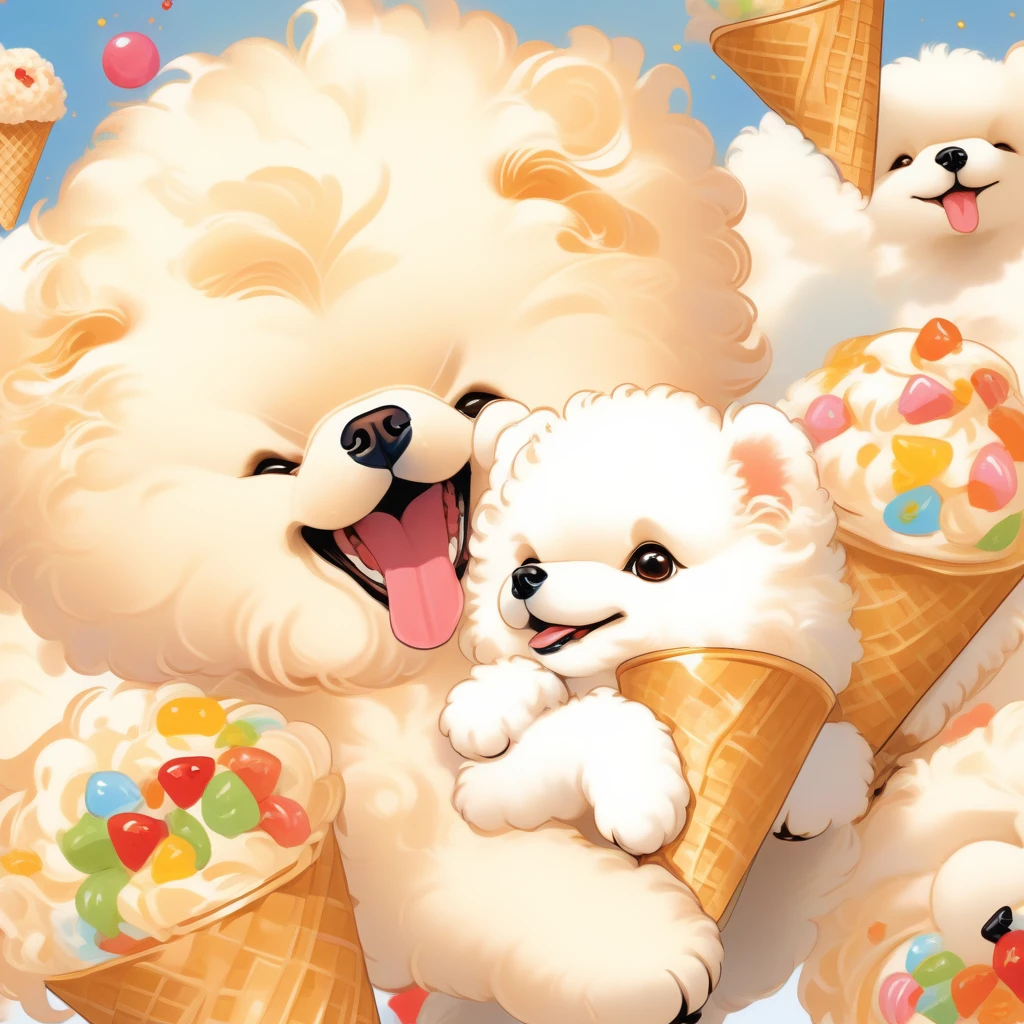 White Bichon Frise, Eating ice cream, art:J.c. Leyendecker . Anime Style, Key Visual, Vibrant, Studio Anime