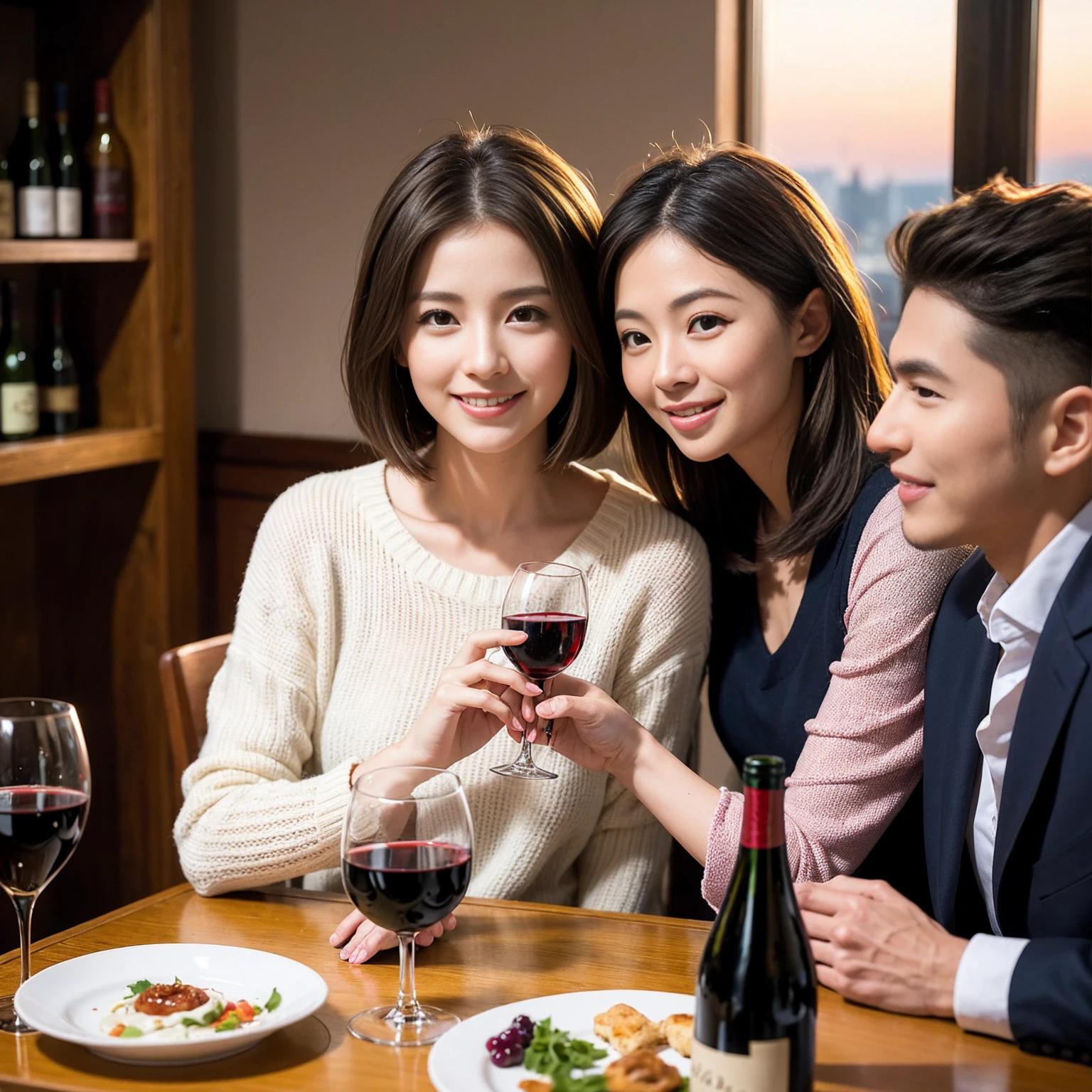 ((Highest quality、8K、masterpiece:1.3))、 (Genuineistic, Genuine、Bright image、Intricate details:1.2), 最高のsmile、1 male 1 female、Beautiful couple、Lovey-dovey lovers、Satomi Ishihara lookalike fiance、Good friends、actress couple、smile、Full-course dinner at a packed table、 (Slim face), (the body is slim), (Brown Hair), (short hair), テーブルのwine glass、Please shine a light on my face、 Amazing view of the sunset sky and clouds、 years old 39 years old, red wine 、Appetizers、Wine bottle、sparkling wine、Long sleeve shirt、dress、White wine, red wine, wine glass,
