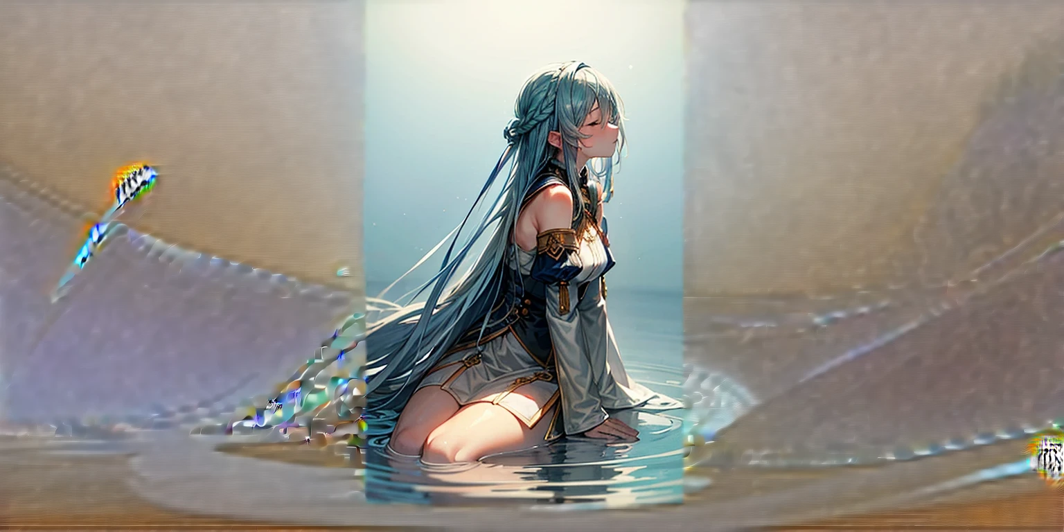 Masterpiece, best quality, high quality, blue hair strands, peace background, thin water layer, white background, beige, foggy, extremely detailed CG uniform 8k wallpaper, award winning photography, bokeh, depth of field, HDR, bloom,trending on artstation, trending on CGsociety, Intricate, High Detail, dramatic