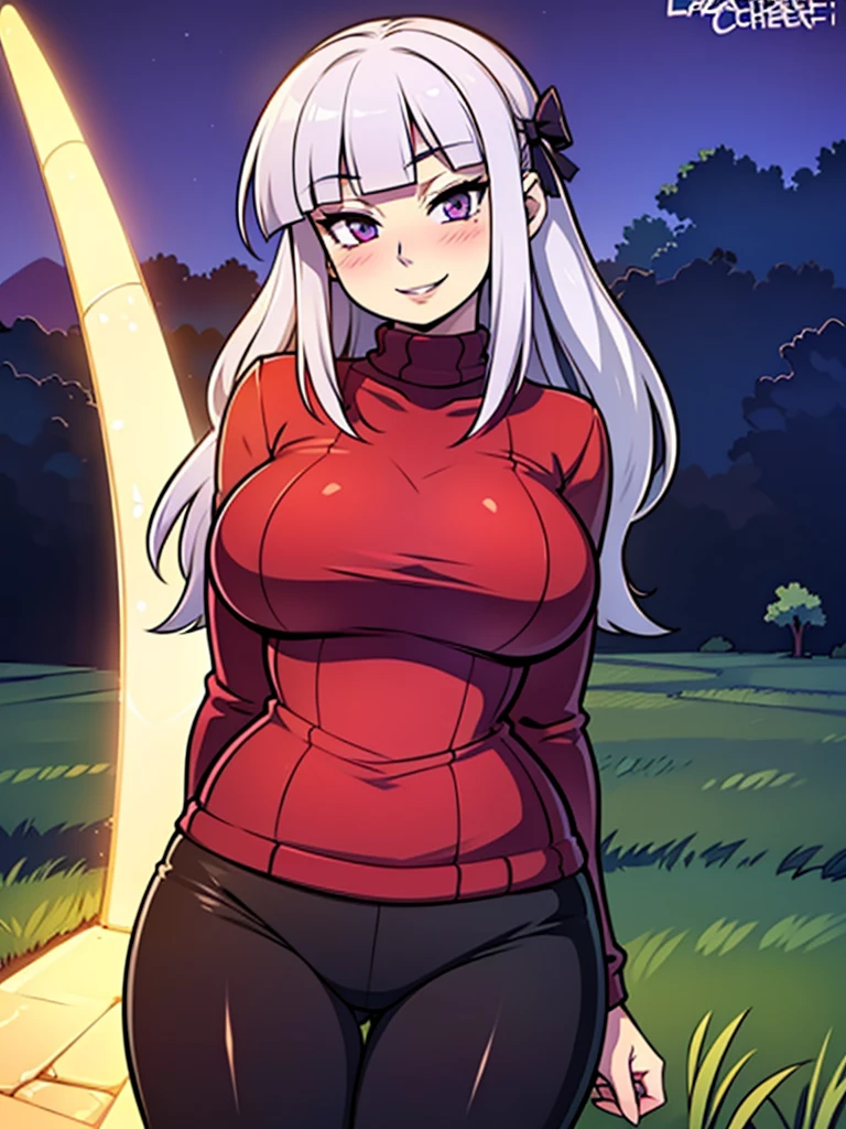 high_aesthetic,art by Lazorchef, ((Masterpiece, best quality, perfect lighting, amazing shading)), perfect anatomy, field of depth, extremely beautiful, long silver hair, hair ribbons, purple eyes, turtleneck sweater, tights, cute smile, (curvy), blushing, (cowboy shot), (elegant pose), simple background