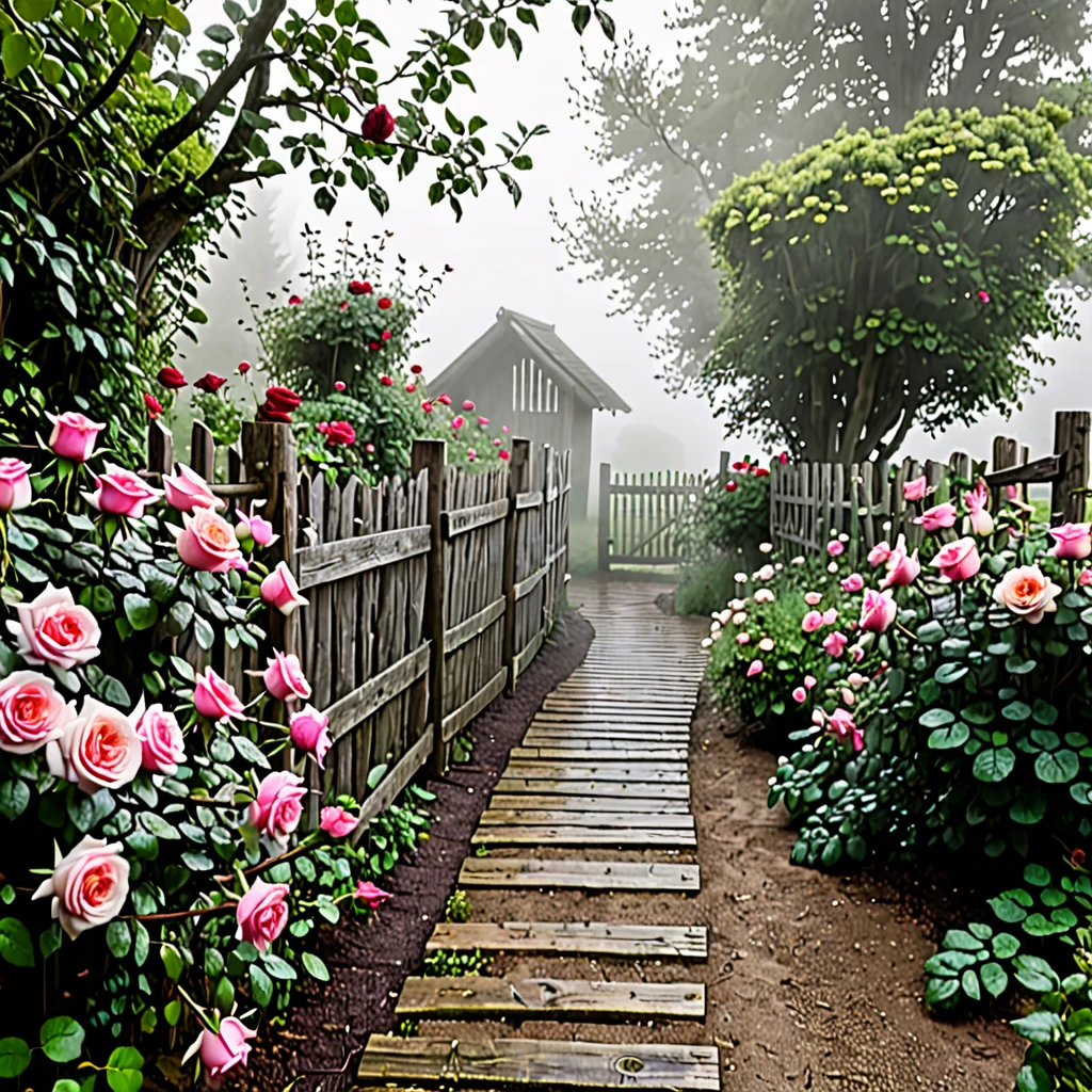 A path with a rustic wooden fence and roses covered in mist.