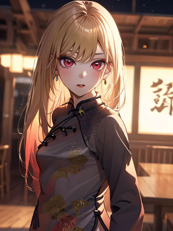 (Cheongsam:1.5), Night view, Beauty, Beautiful eyes, pub, (masterpiece), highest quality, Kitagawa Marine, 1girl, blonde hair, long hair, multicolored hair, red eyes, jewelry, earrings, piercing, black choker, uhd, retina, masterpiece, ccurate, anatomically correct, textured skin, super detail, high details, high quality, best quality, highres, 4K