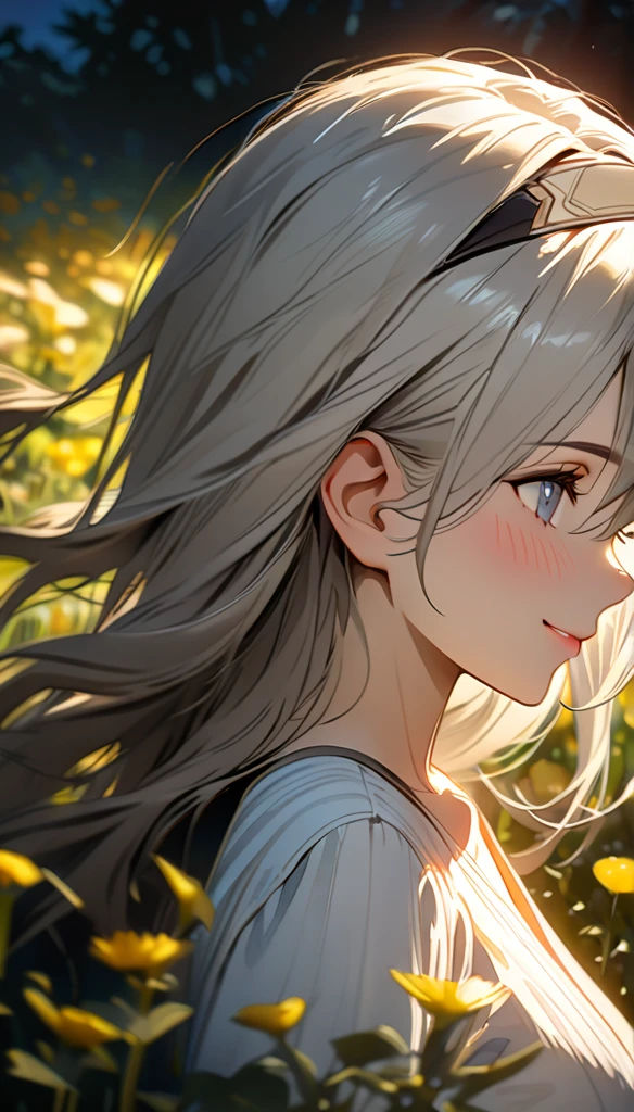 beautiful girl, long grey hair, beautiful face,smiling,close up to hips, beautiful breast, in the middle of flowers field, (open mouth:0.4),illustration,detailed textures(realists),ultra-detailed,portrait style,vivid colors,soft lighting, blushing, mature, hair fluttering, evening light , head band, side profile, no bra, half body