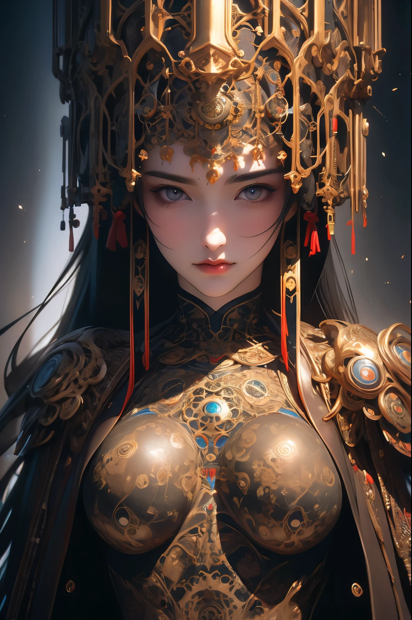 a girl with a metal structure body, gigantic breasts, big anime eye ball, a hyperrealistic painting inspired by Peter Gric, zbrush central contest winner, hyperrealism, highly detailed surrealist art, hyperrealistic illustration, hyperrealistic surrealism, very intricate photorealistic, extremely hyperdetailed, hyper detailed art, insanely highly detailed artwork, hyperrealist highly intricate, thomas veyrat intricate
