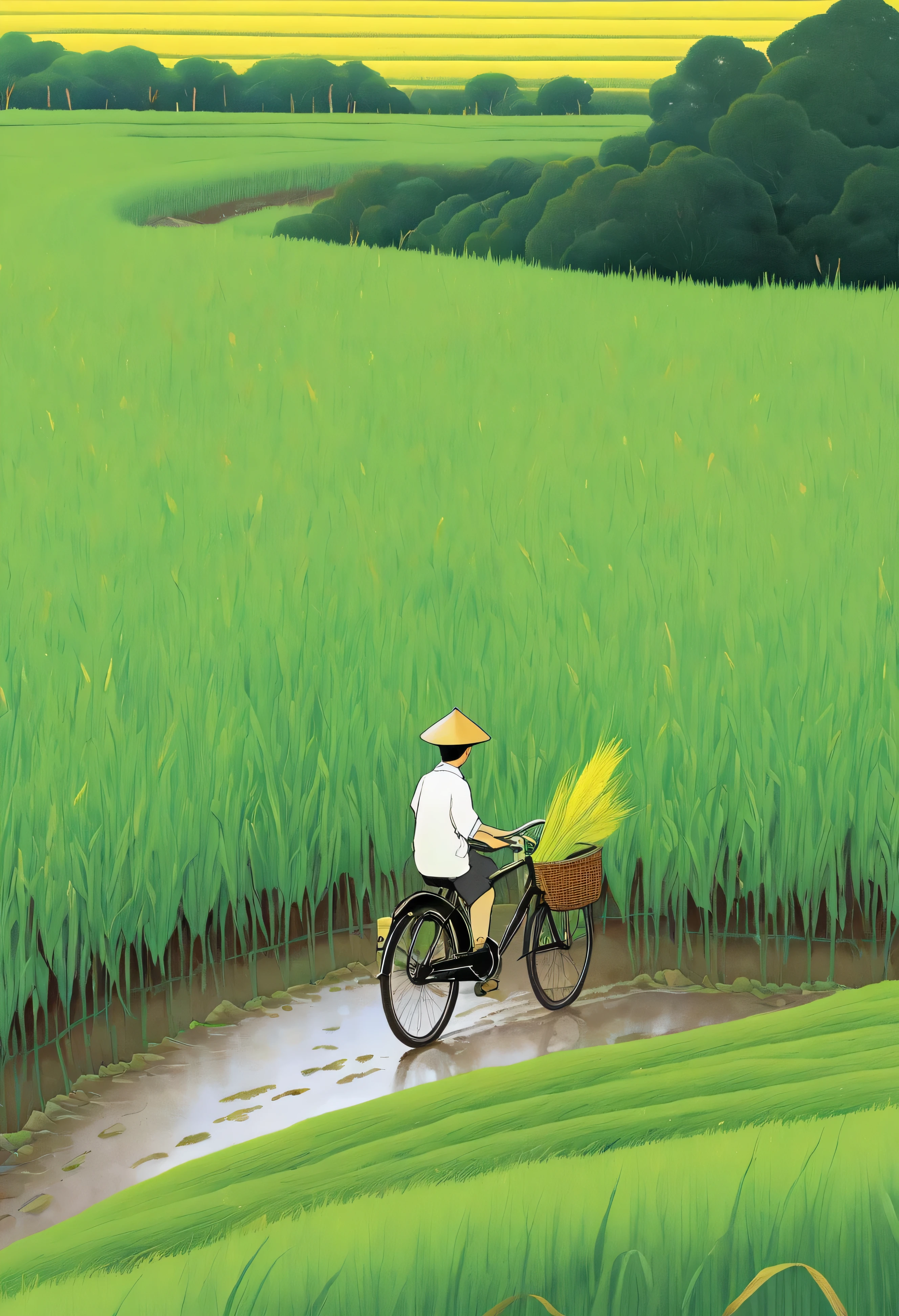 A beautiful illustration, Endless rice fields, half yellow half green, a boy riding a bicycle, Will Barnett (Will Barnet) modeling, Attached are 50D movie stills, Idyllic, Rural, panoramic,