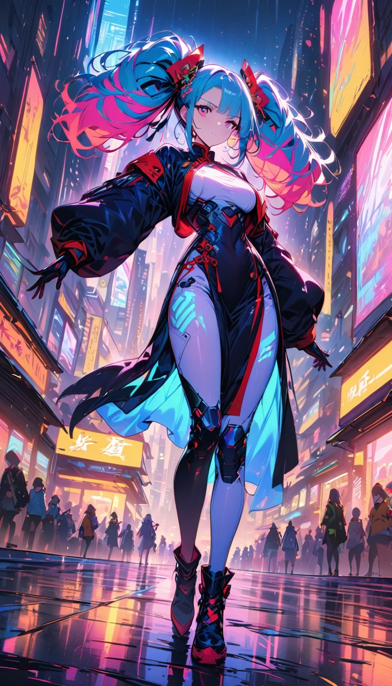 (best quality), (very good), (masterpiece), illustration, A girl,（Cyberpunk，Cheongsam, a traditional Chinese costume，Cybernetic implants），Hair accessories, Vibrant colors，Dynamic Lighting，Neon，Glowing city skyline，Holographic projection，Fashionable clothes and shoes of the future，Combination of traditional and modern elements，Avant-garde makeup，twin drills，Confidence and determination，city environment，Metallic，Mechanical Armor, Gorgeous accessories，high-tech products，Impressive cybernetic enhancements，Be focused，detail, Overclocking, Rim Light, Fine light, masterpiece, 超级detail, Epic Works, Ultra HD, high quality, 32k