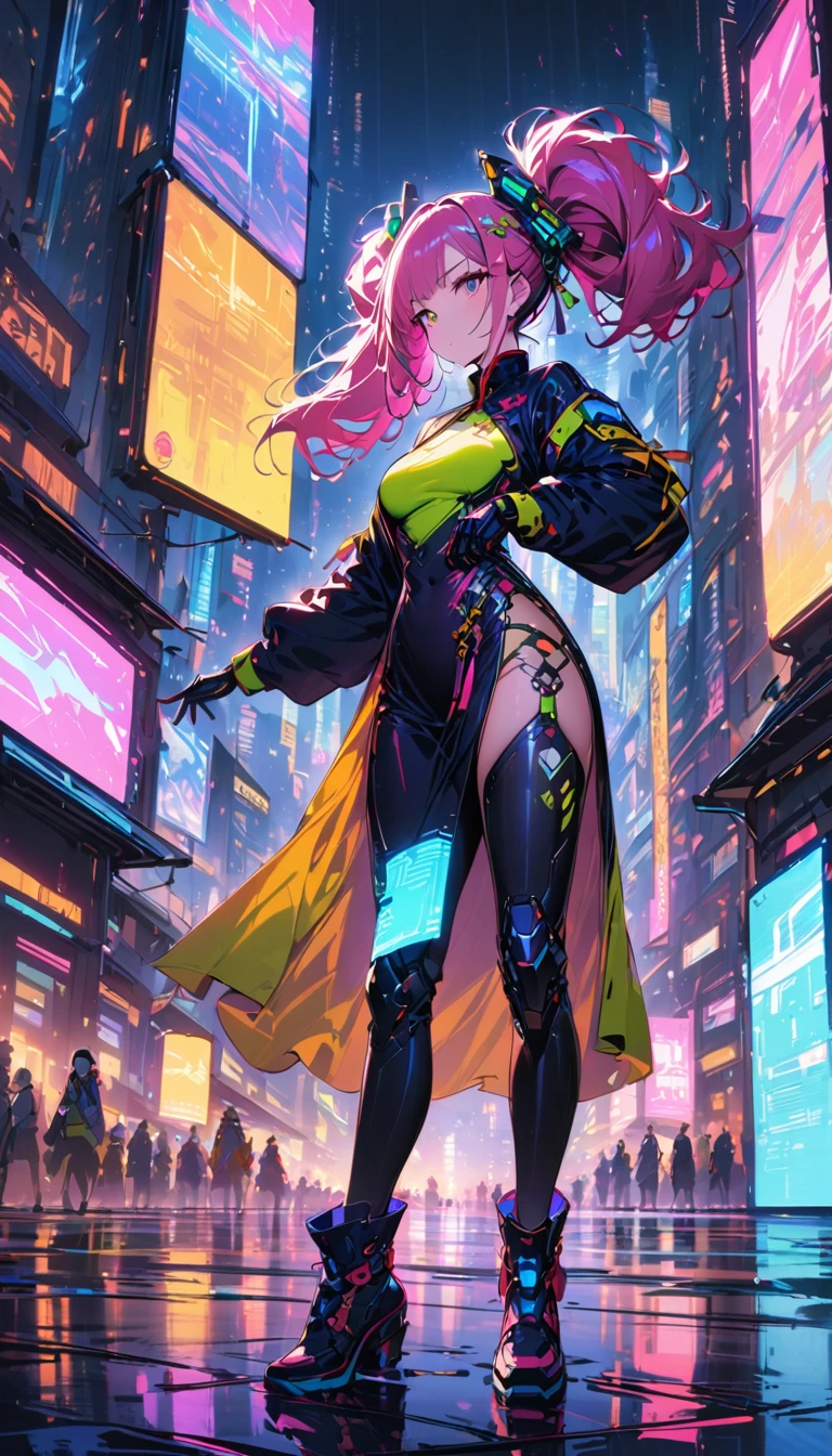 (best quality), (very good), (masterpiece), illustration, A girl,（Cyberpunk，Cheongsam, a traditional Chinese costume，Cybernetic implants），Hair accessories, Vibrant colors，Dynamic Lighting，Neon，Glowing city skyline，Holographic projection，Fashionable clothes and shoes of the future，Combination of traditional and modern elements，Avant-garde makeup，twin drills，Confidence and determination，city environment，Metallic，Mechanical Armor, Gorgeous accessories，high-tech products，Impressive cybernetic enhancements，Be focused，detail, Overclocking, Rim Light, Fine light, masterpiece, 超级detail, Epic Works, Ultra HD, high quality, 32k