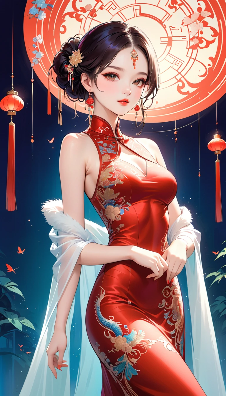 Chinese cheongsam sexy,illustration,High-end fashion,Beautiful and delicate eyes,Beautiful and delicate lips,Long eyelashes,Exquisite makeup,Vibrant colors,posture,Attractive background,Stylized Lighting,editing style,Chinese cultural elements,Exquisite embroidery,Detailed pattern,Modern transformation,Feminine charm,complicated,Futuristic,Chic hairstyle,Beautiful accessories,Tempting,Wearing stylish high heels,Luxurious fabrics,Beautiful movements,Confident expression,Ethereal atmosphere,Colorful composition,Impeccable attention to detail,Modern elegance,Expressive eyes,Dramatic Lighting,Seamless Integration,Artistic talent,Rich texture,Perfect fashion sense,Colored lights,Sentimental atmosphere,A bold fashion statement,Stylish composition
