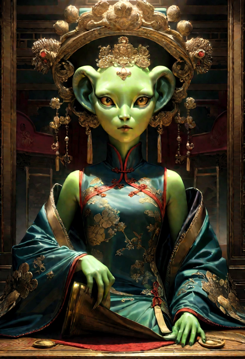 an alien creature,intricate cheongsam dress,asian royal room,green skin,barely humanoid,extremely detailed,photorealistic,ultra-detailed,masterpiece,8k,award winning art,dramatic lighting,ornate decor,ancient artifacts,opulent furnishings,silk embroidery,traditional chinese architecture