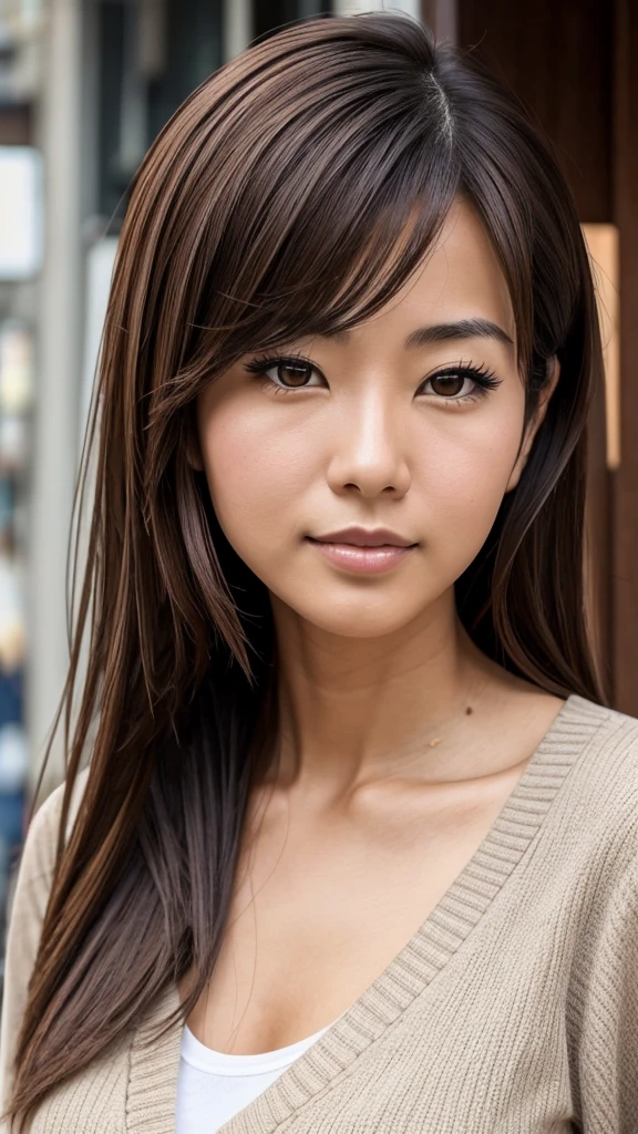 Female, Japanese, 50s, brown hair, brown eyes, friendly impression, casual clothing, face with prominent lines, fine lines beginning to show, upper body in focus.