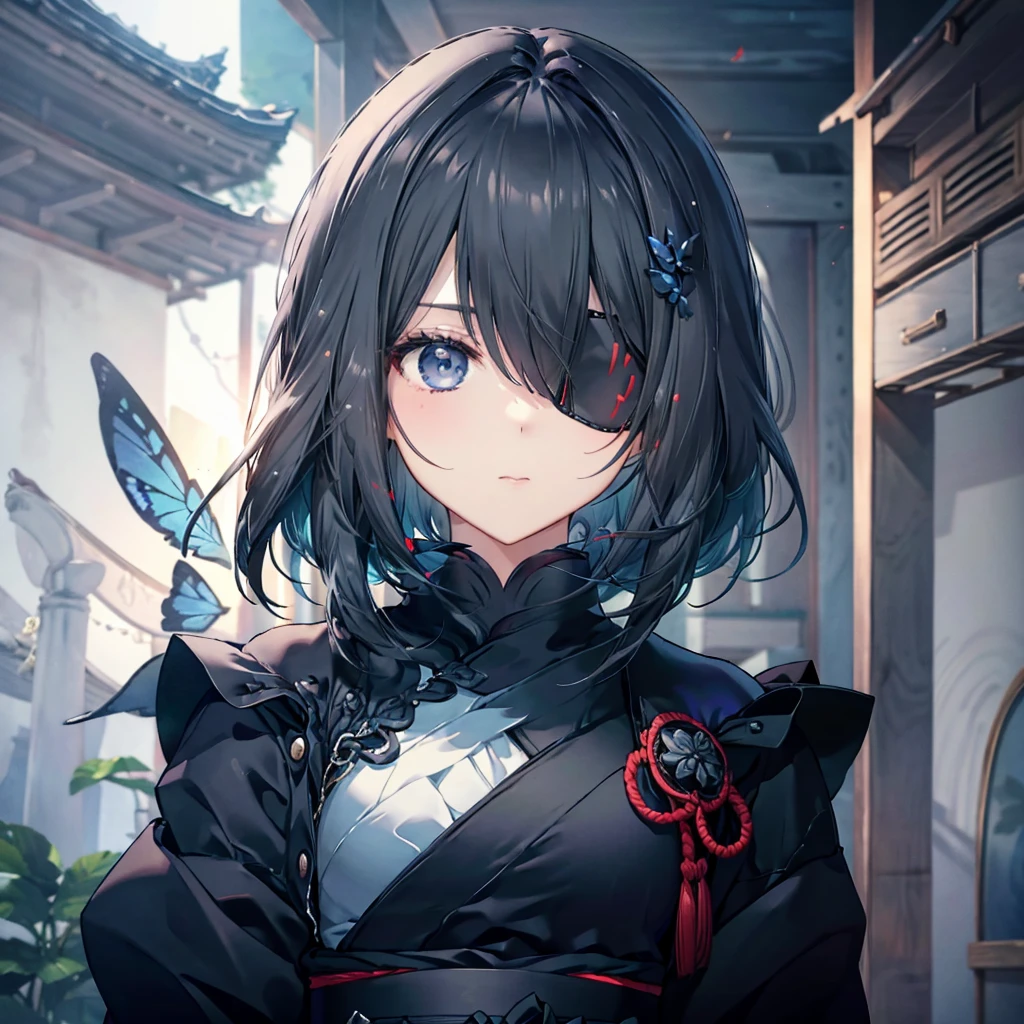 (((1 person　Put on an eye patch　Black Hair　White paper)))　((High resolution　short hair　Black kimono　Shoulder　Rin々Funny face　knifeを胸の前で構える))　((Black Band　samurai　Lonely　despair　blue eyes　Close-up))　((Blue Butterfly　night　Japanese style　old　Shining Aura　garden　water surface　Catch the wind))　(dance　日本knife　knife　Slashing)　月night　moonlight　star　Draw your sword　Shining Background　Shining Edge
