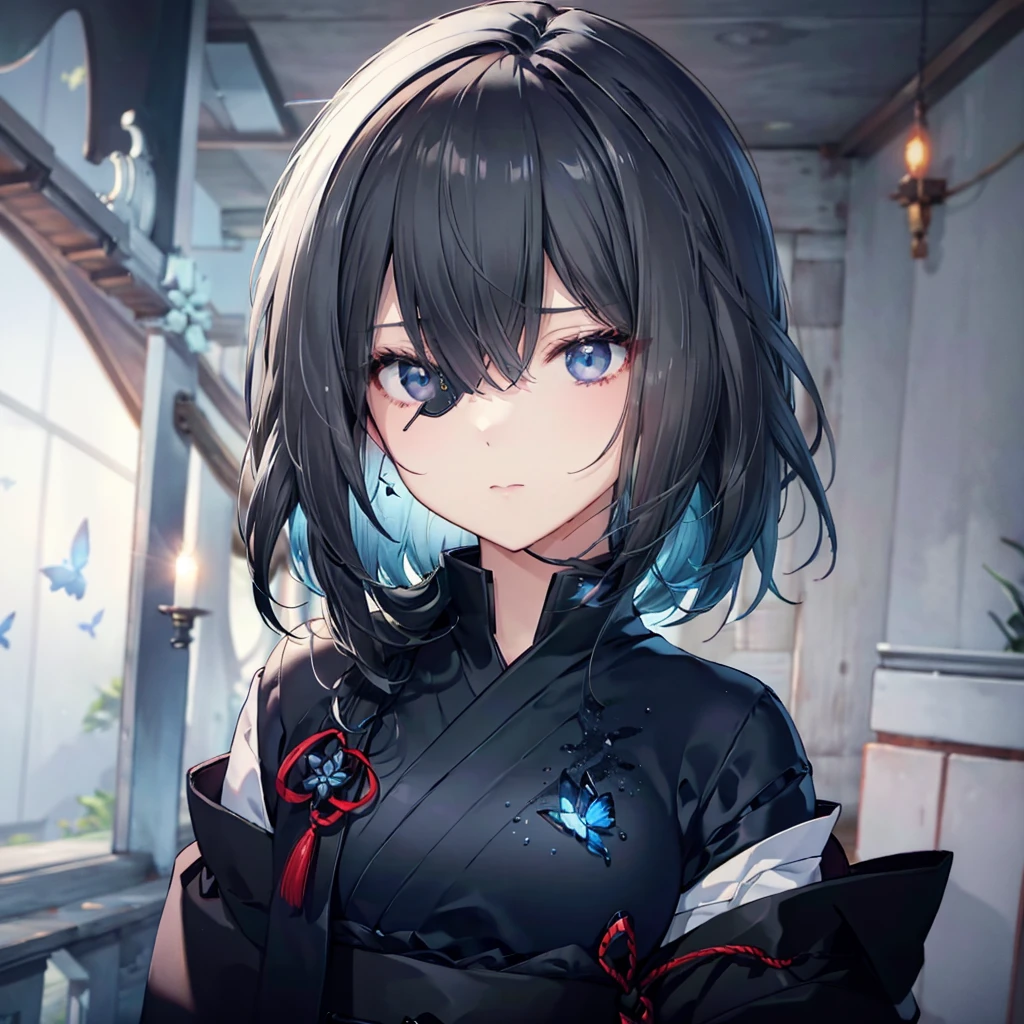 (((1 person Put on an eye patch Black Hair White paper))) ((High resolution short hair Black kimono Shoulder Rin々Funny face knifeを胸の前で構える)) ((Black Band samurai Lonely despair blue eyes Close-up)) ((Blue Butterfly night Japanese style old Shining Aura garden water surface Catch the wind)) (dance 日本knife knife Slashing) 月night moonlight star Draw your sword Shining Background Shining Edge