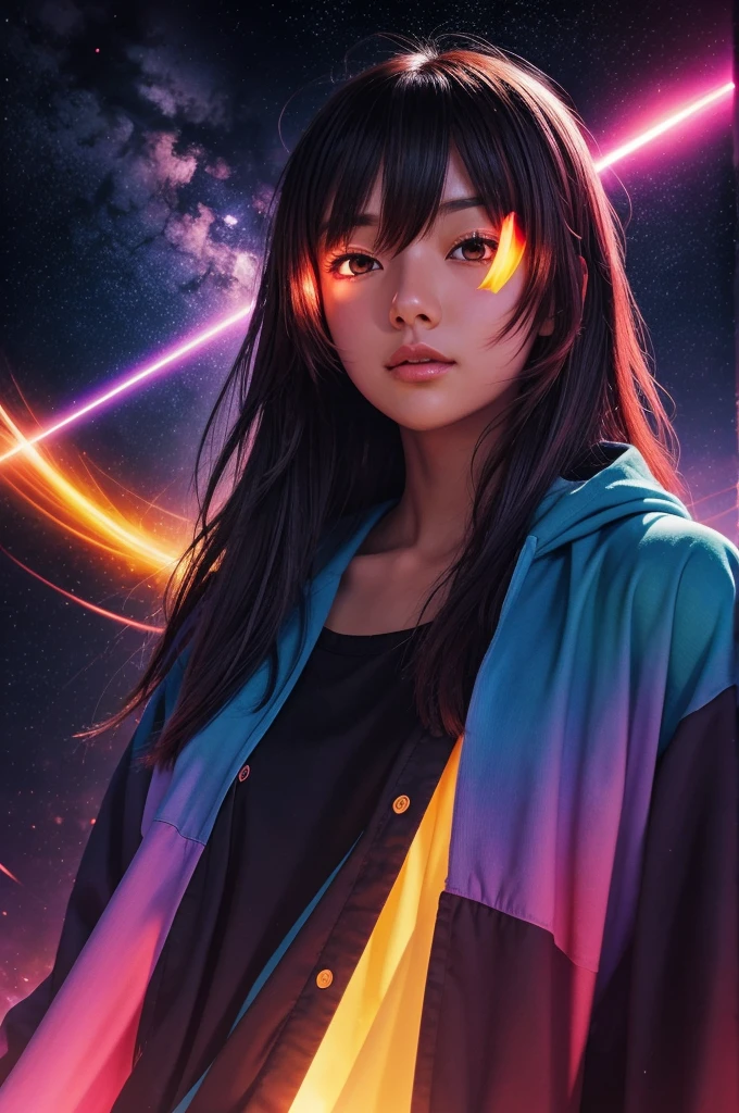 "A dark, empty space suddenly illuminated by a burst of bright, warm light, creating a clear distinction between light and darkness, in a colorful and vibrant anime art style."
