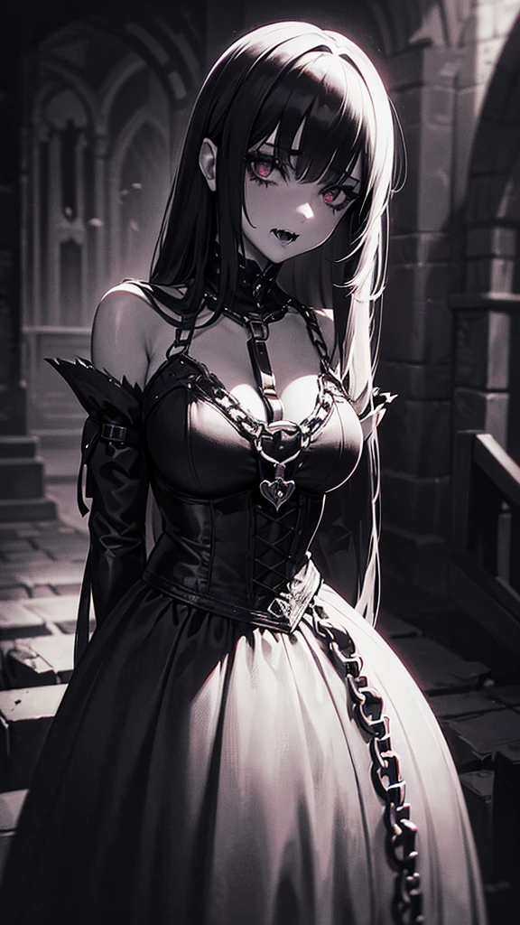 a girl monster, slave, chained, beautiful, detailed portrait, delicate facial features, piercing eyes, sharp fangs, pale skin, thick chains, dark background, cinematic lighting, dramatic shadows, gothic style, moody atmosphere, dark fantasy, high contrast, muted colors